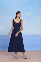 Neel Linen Denim Panelled Dress - CiceroniDressesSaphed