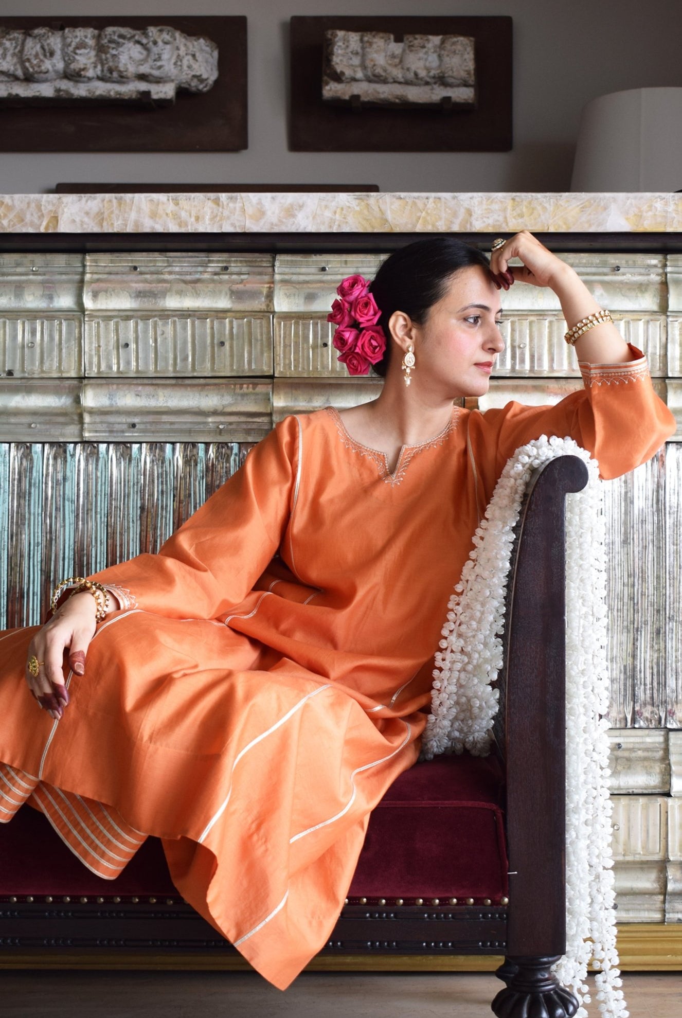 Neerja Chanderi Set with Hand - Embroidered Phiran Kurta and Wide - Legged Pyjama - CiceroniKurta Set, Festive wearHouse of Moxa