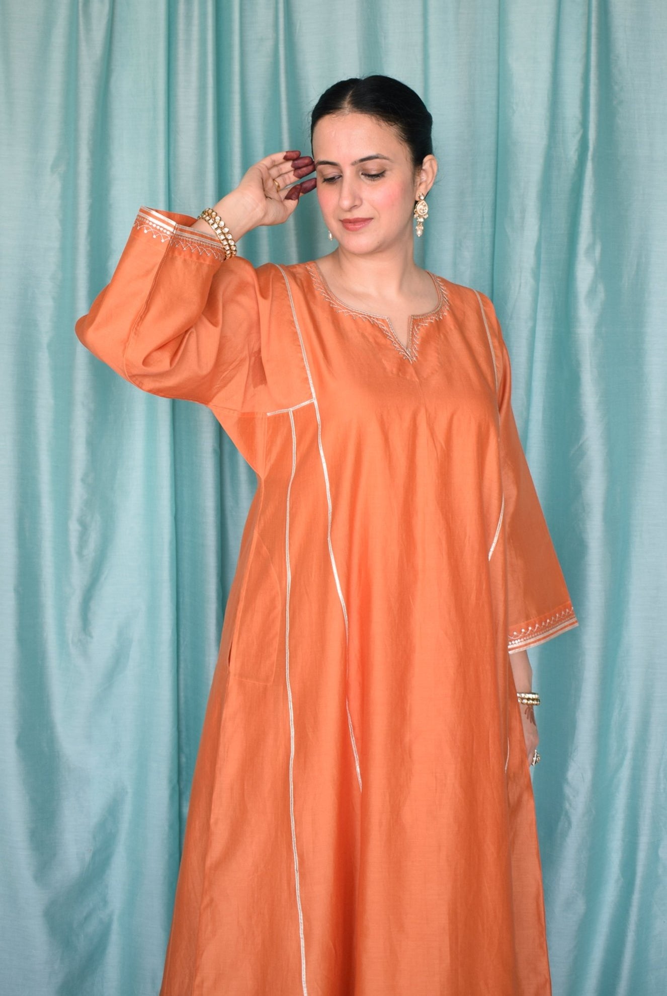 Neerja Chanderi Set with Hand - Embroidered Phiran Kurta and Wide - Legged Pyjama - CiceroniKurta Set, Festive wearHouse of Moxa