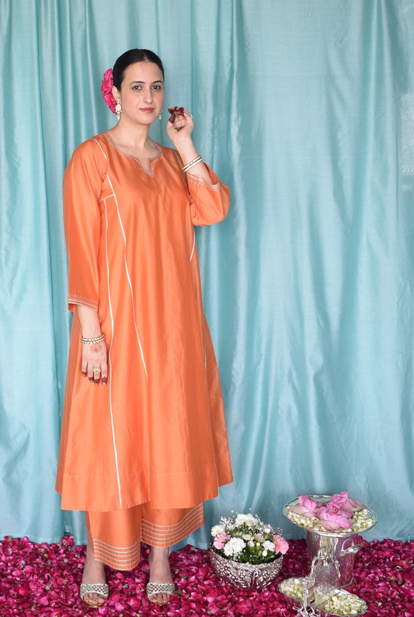 Neerja Chanderi Set with Hand - Embroidered Phiran Kurta and Wide - Legged Pyjama - CiceroniKurta Set, Festive wearHouse of Moxa