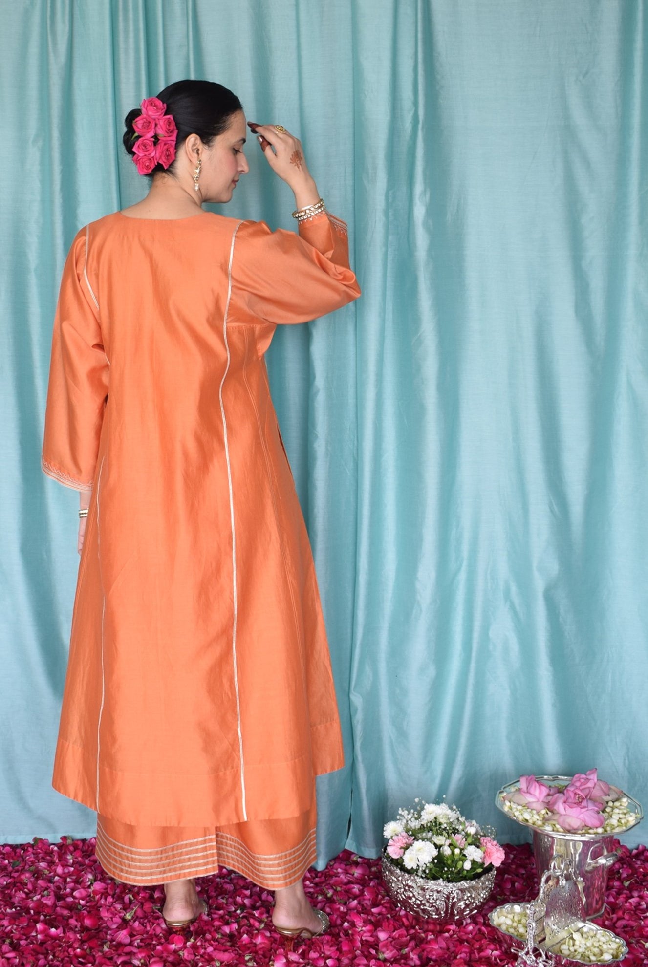 Neerja Chanderi Set with Hand - Embroidered Phiran Kurta and Wide - Legged Pyjama - CiceroniKurta Set, Festive wearHouse of Moxa