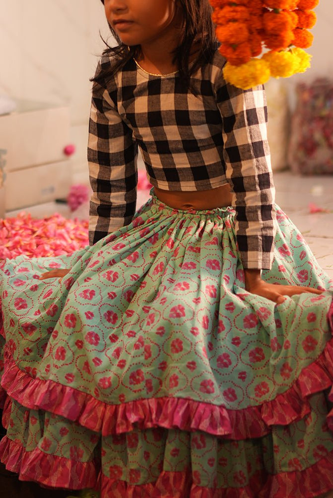 Noor Cotton Black White Checks Top With Floral Lehenga Set - CiceroniLehenga SetLove The World Today