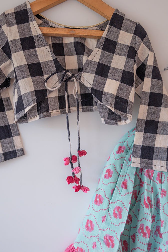 Noor Cotton Black White Checks Top With Floral Lehenga Set - CiceroniLehenga SetLove The World Today