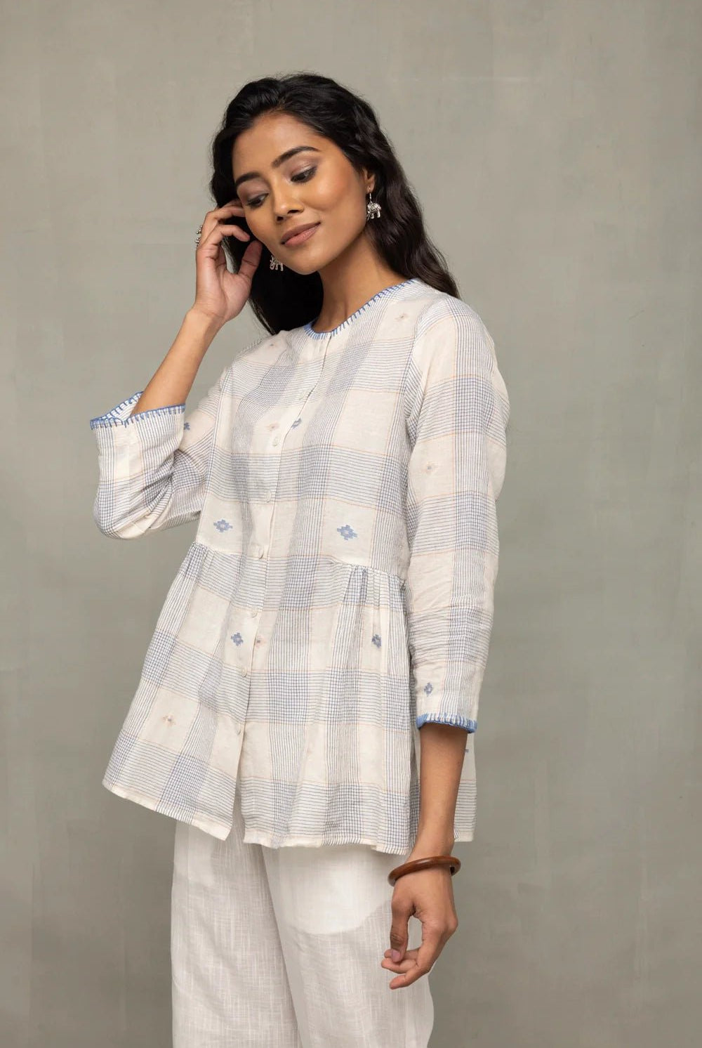 Off-White & Blue Check Jamdani Top with Zari Motifs - CiceroniTopsSutra Art of Clothing