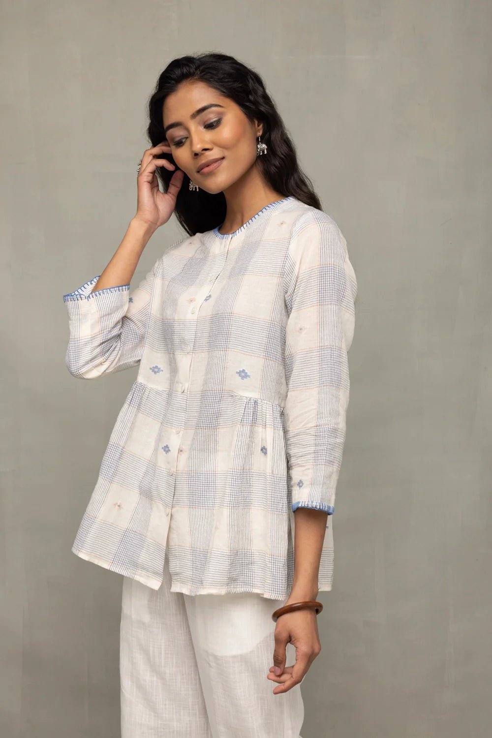 Off-White & Blue Check Jamdani Top with Zari Motifs - CiceroniTopsSutra Art of Clothing