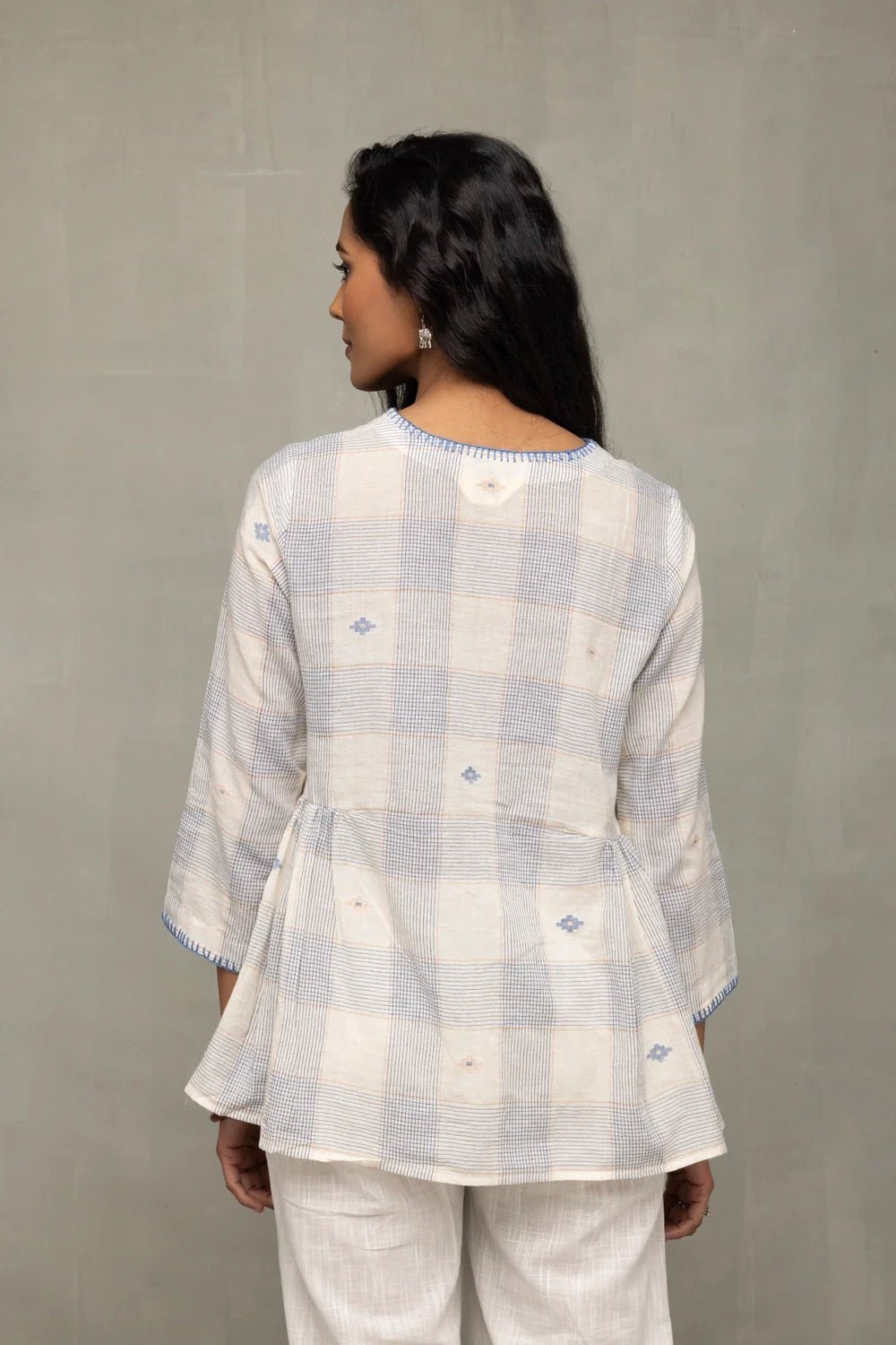 Off-White & Blue Check Jamdani Top with Zari Motifs - CiceroniTopsSutra Art of Clothing