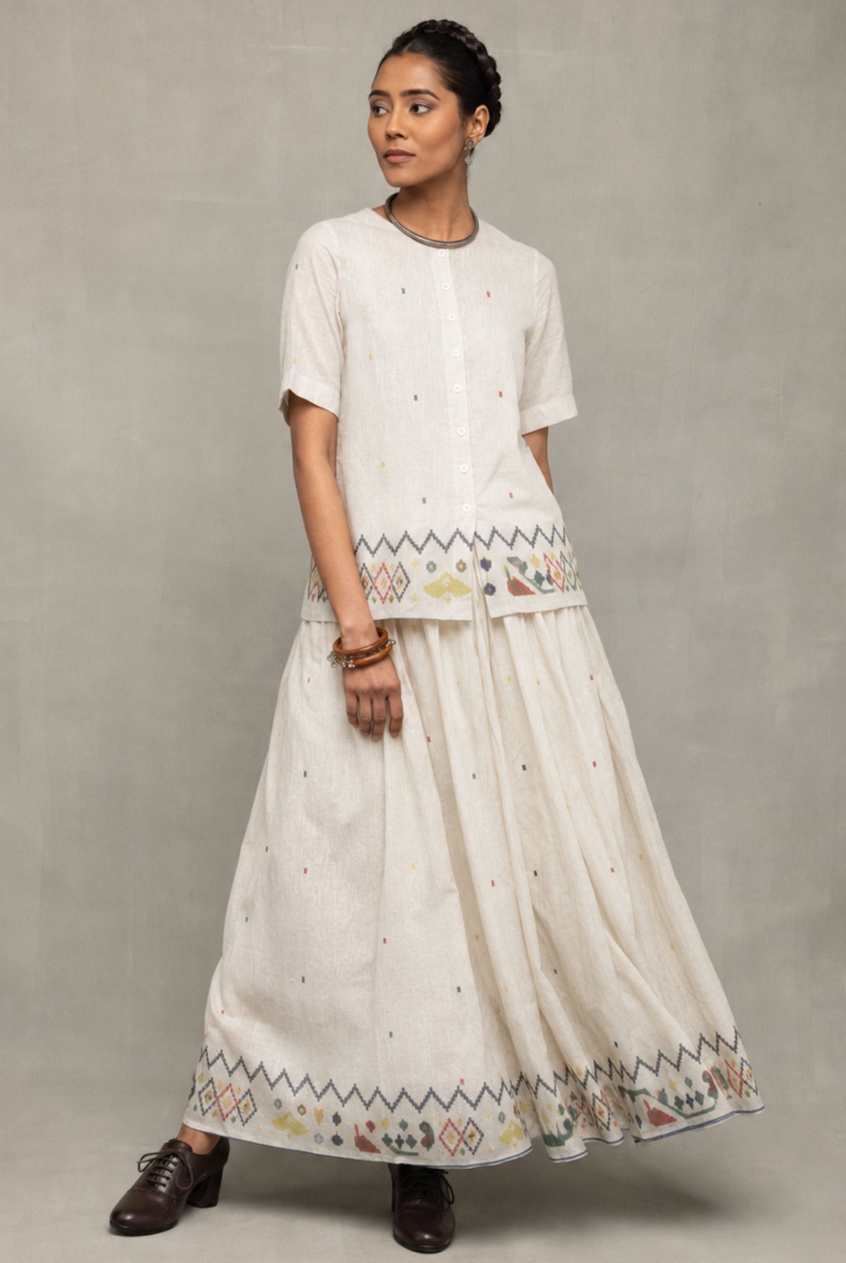 Off-White Folk Motif Jamdani Skord Set - CiceroniSkirt SetSutra Art of Clothing