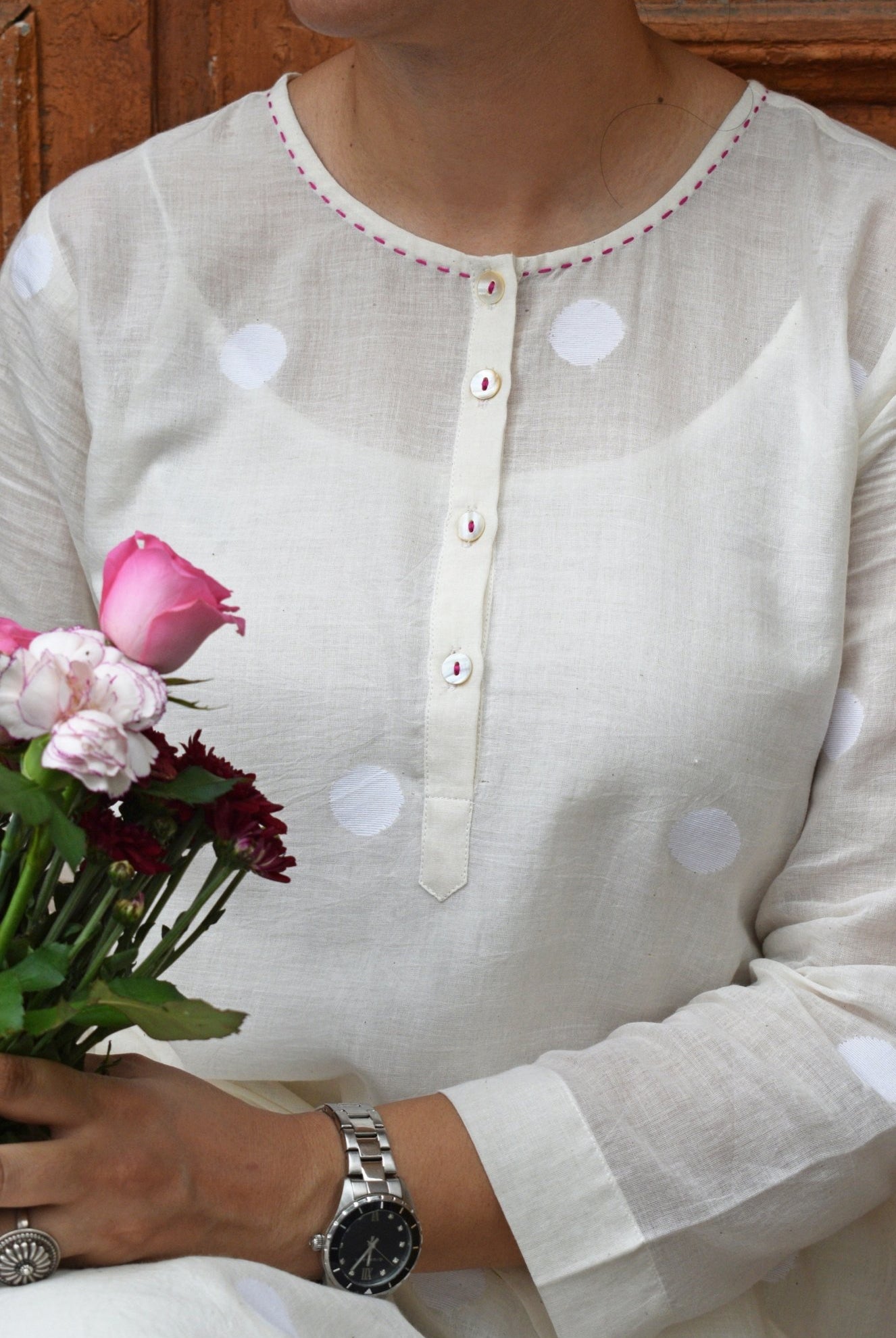 Off White Jamdani Polka Dot Kurta with Off White Pyjama - CiceroniKurta Set, Everyday WearHouse of Moxa