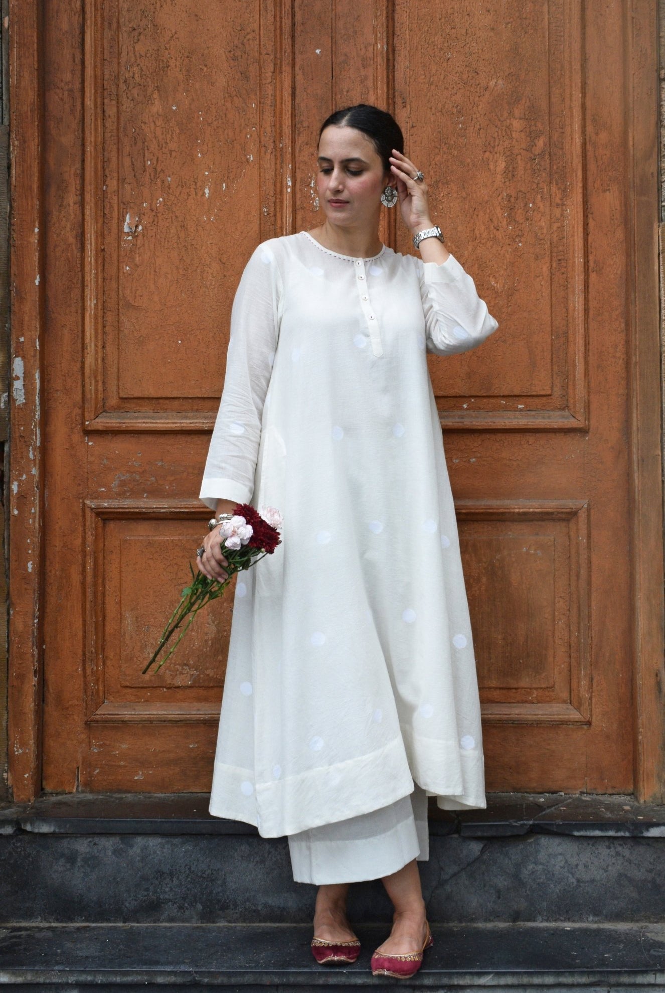 Off White Jamdani Polka Dot Kurta with Off White Pyjama - CiceroniKurta Set, Everyday WearHouse of Moxa