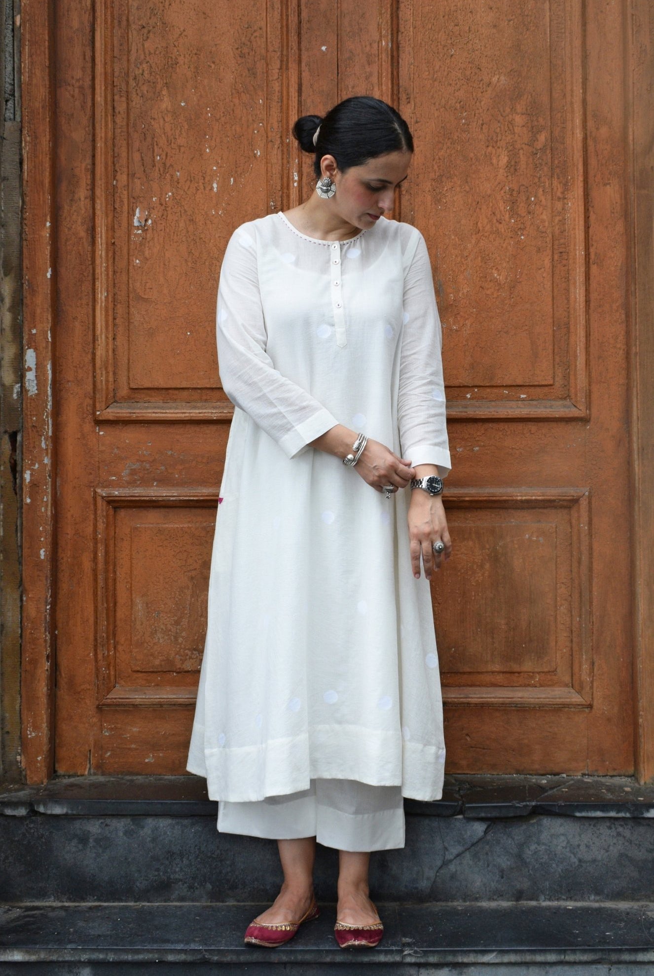 Off White Jamdani Polka Dot Kurta with Off White Pyjama - CiceroniKurta Set, Everyday WearHouse of Moxa