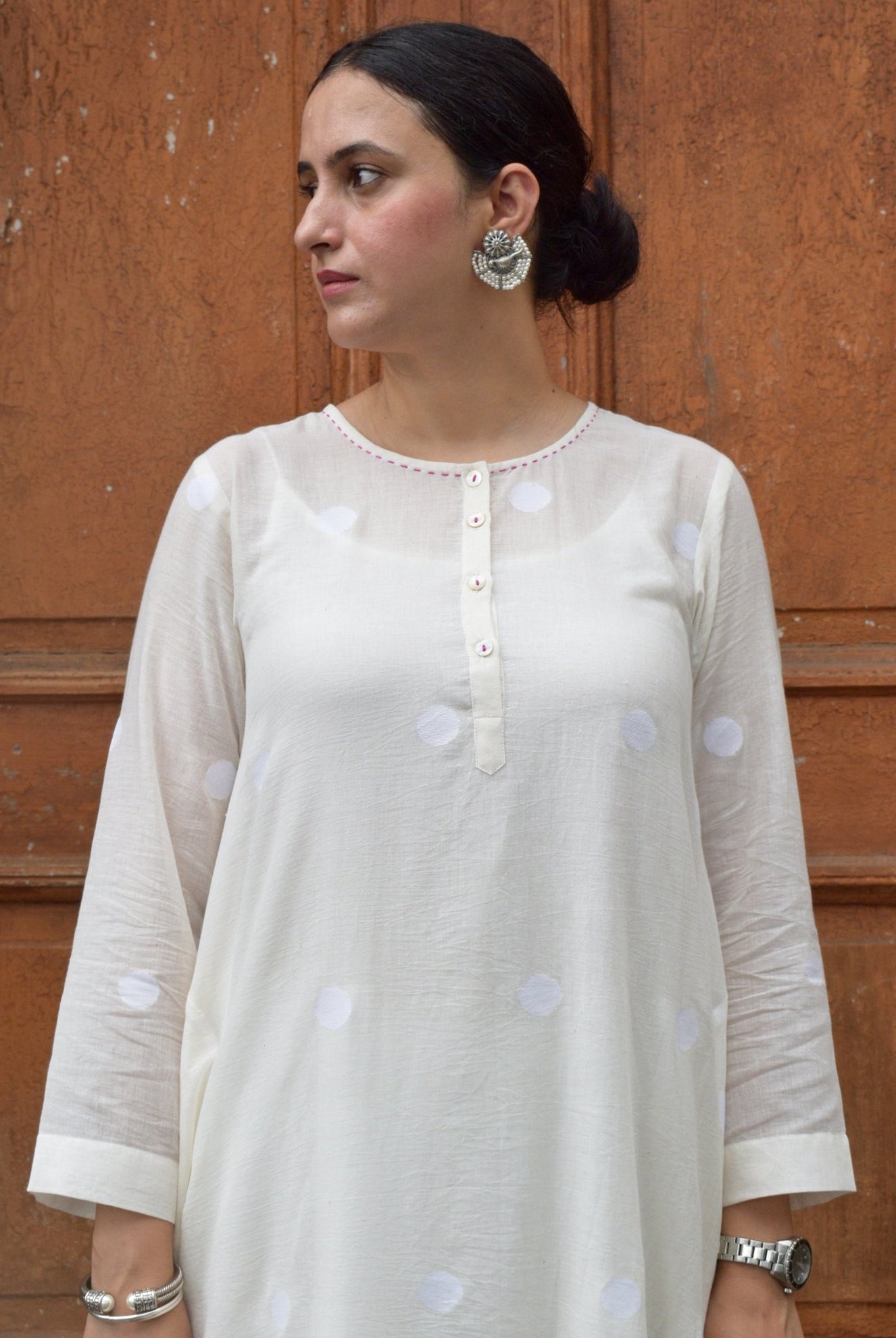 Off White Jamdani Polka Dot Kurta with Off White Pyjama - CiceroniKurta Set, Everyday WearHouse of Moxa