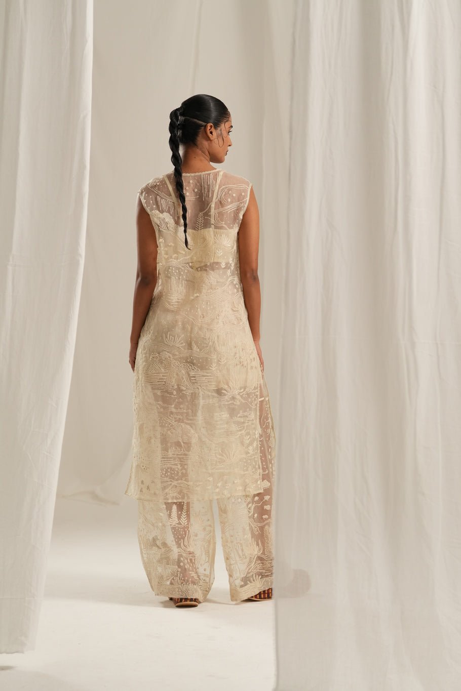 Off White Sheer Emb. Kurta Set - CiceroniKurta Set, Everyday WearTil