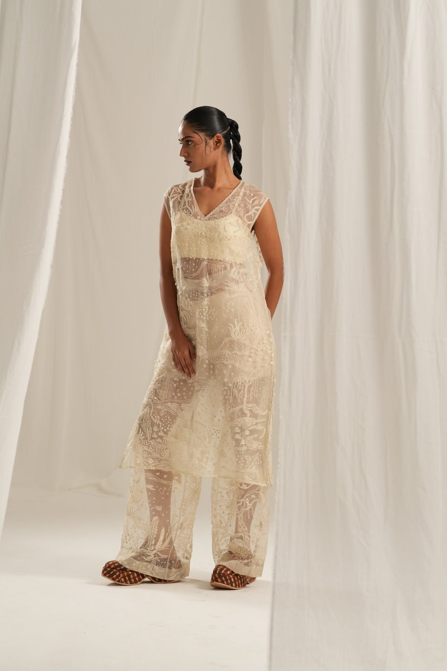 Off White Sheer Emb. Kurta Set - CiceroniKurta Set, Everyday WearTil