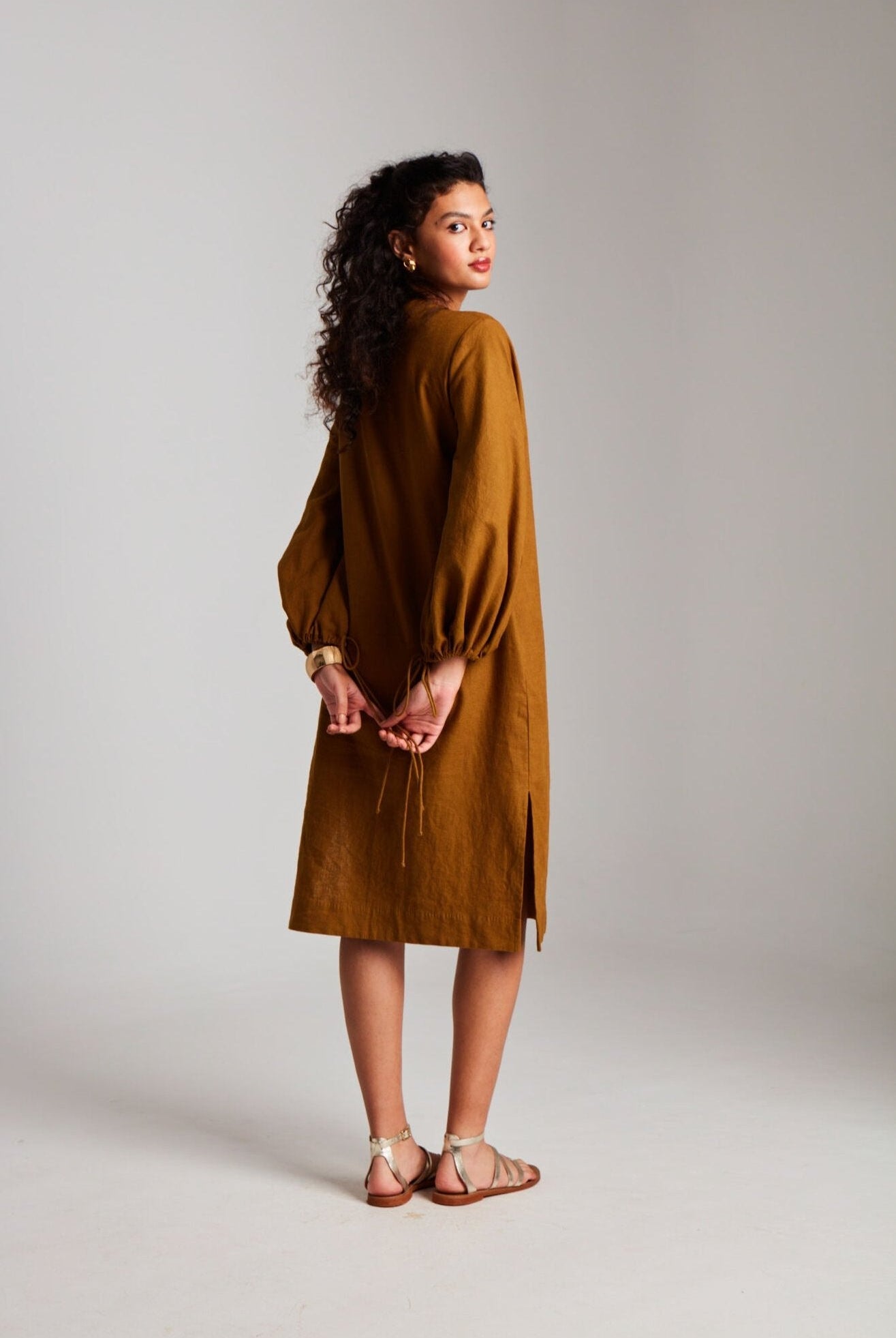 Olive Co - Linen Balloon Sleeves Dress - CiceroniDressesSaphed