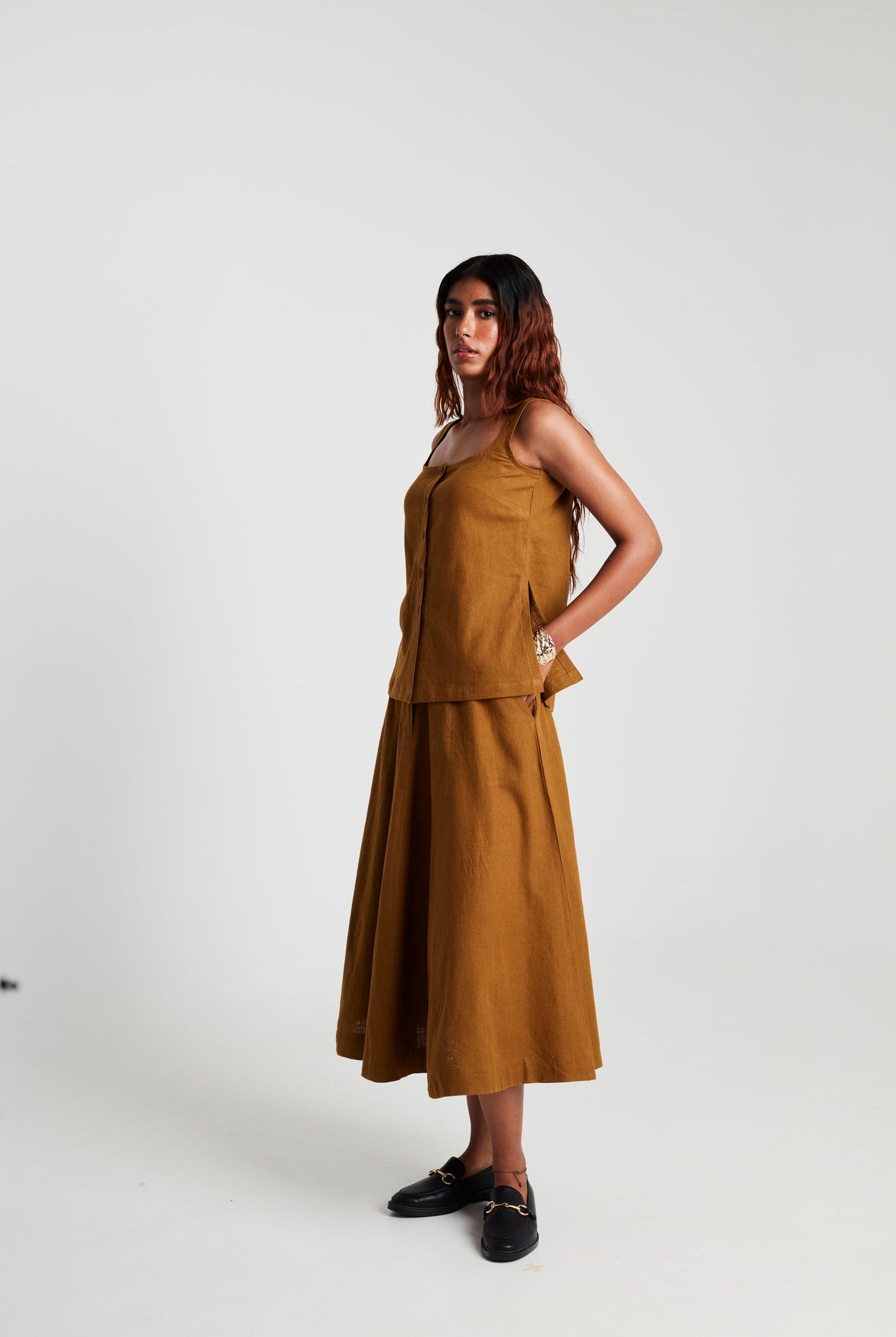 Olive Co - Linen Side Slit Top & Skirt Set - CiceroniSkirt SetSaphed