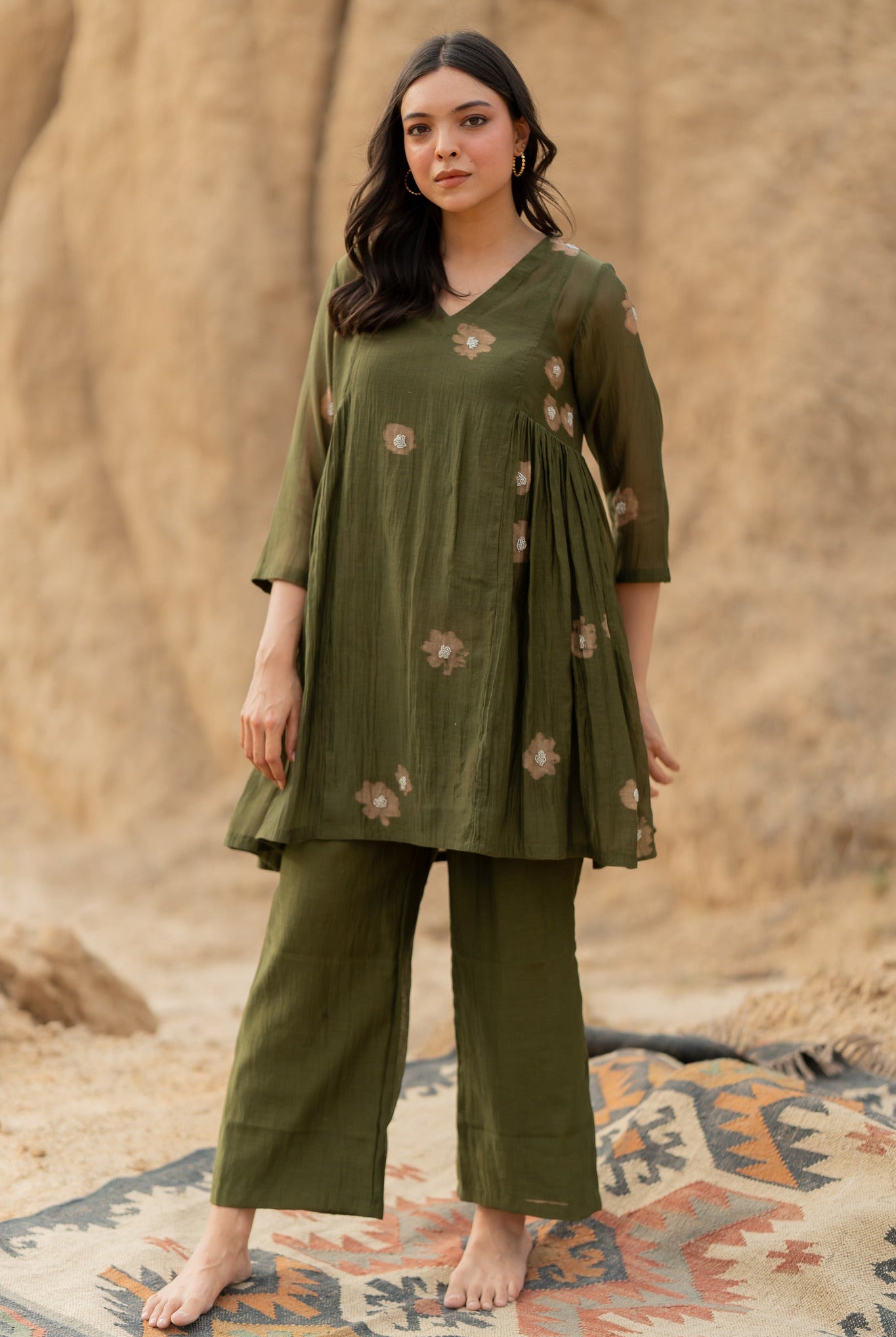 Olive Floral Nara Set - CiceroniKurta Set, Festive wearNirjara