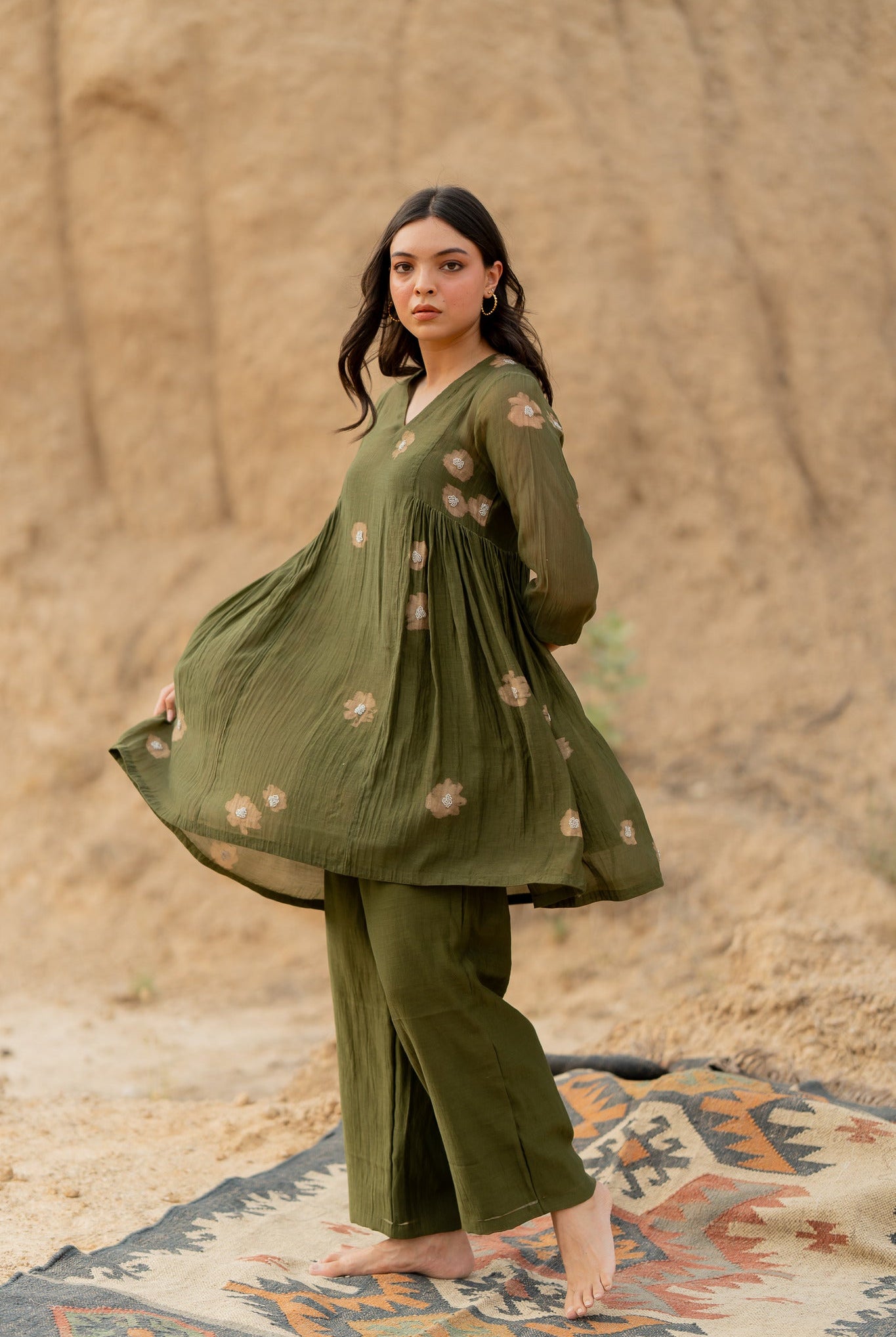 Olive Floral Nara Set - CiceroniKurta Set, Festive wearNirjara