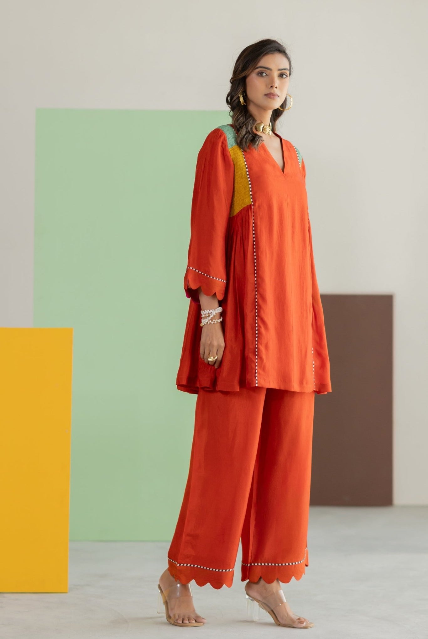 Orange Co-ord Set - CiceroniKurta Set, Festive WearTussah