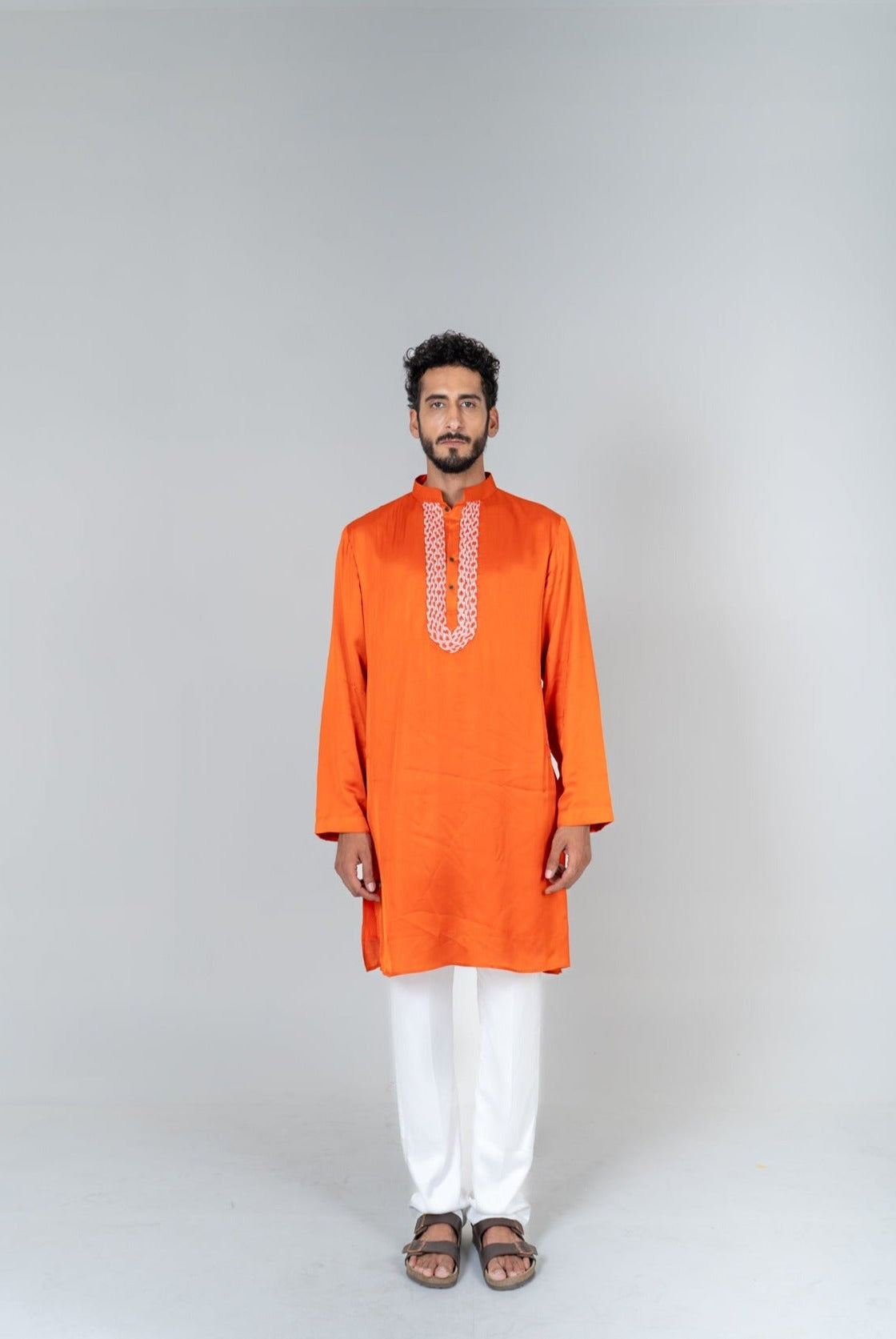 Orange - Pink Braid Kurta Set - CiceroniKurta Set, Festive WearNeora