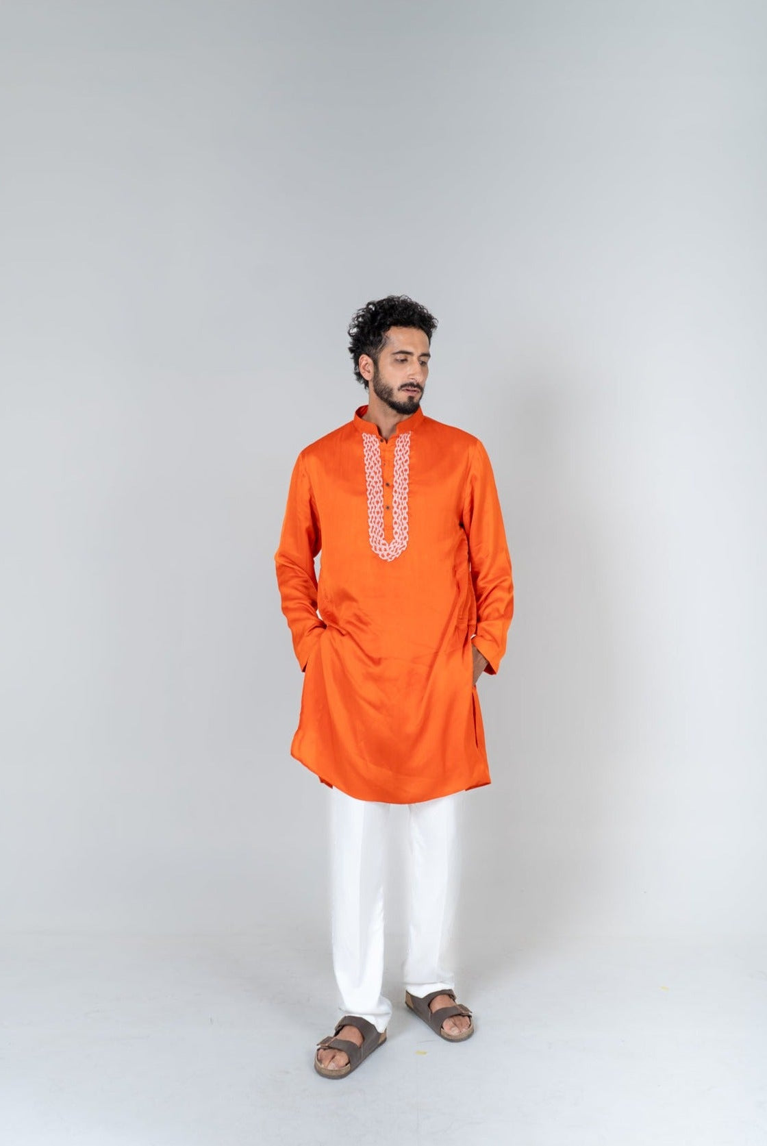 Orange - Pink Braid Kurta Set - CiceroniKurta Set, Festive WearNeora