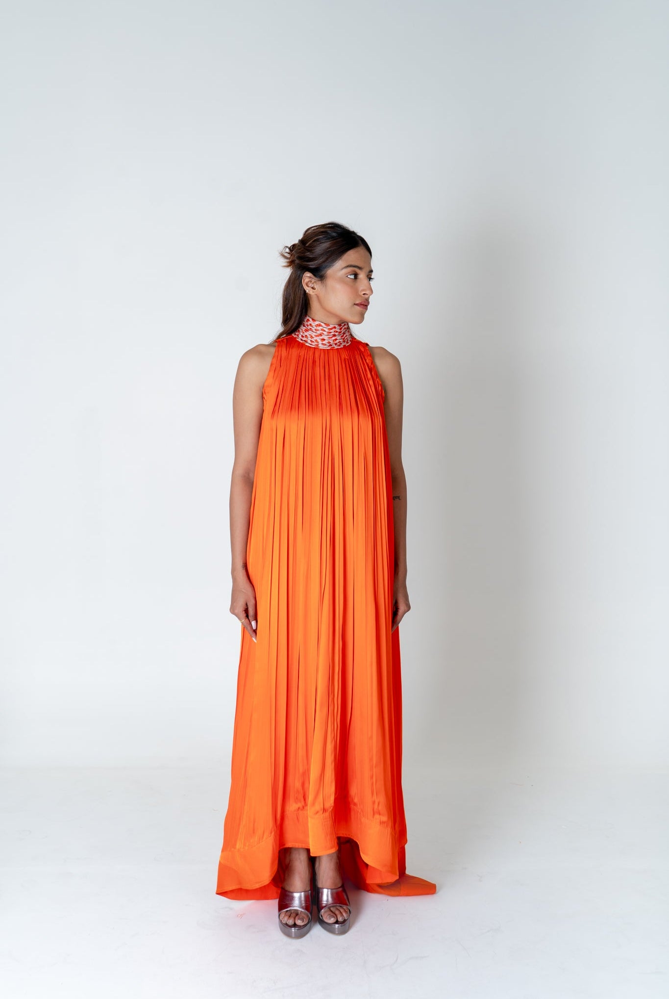 Orange - Pink Braided Halter Neck Gather Gown - CiceroniDressesNeora