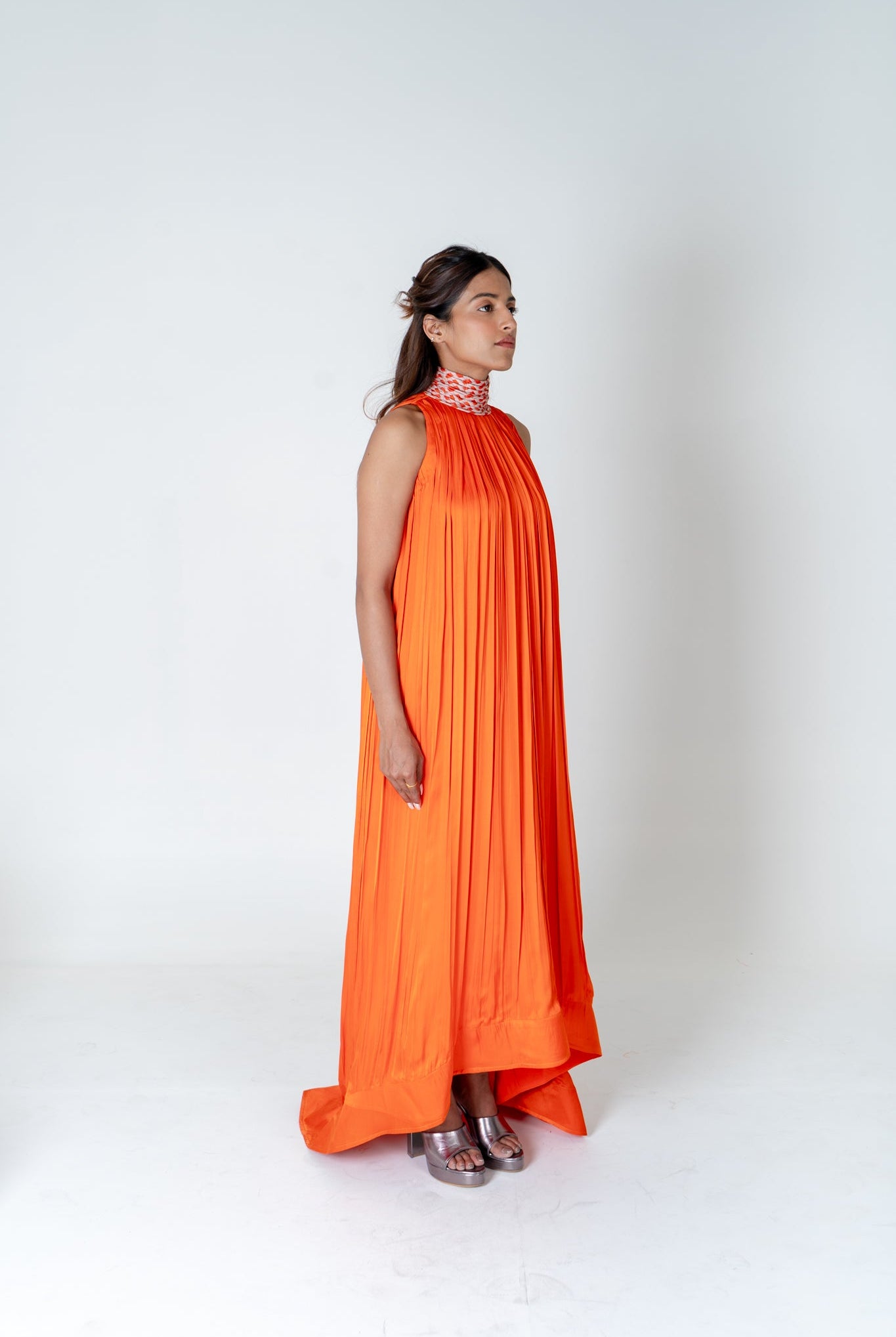 Orange - Pink Braided Halter Neck Gather Gown - CiceroniDressesNeora