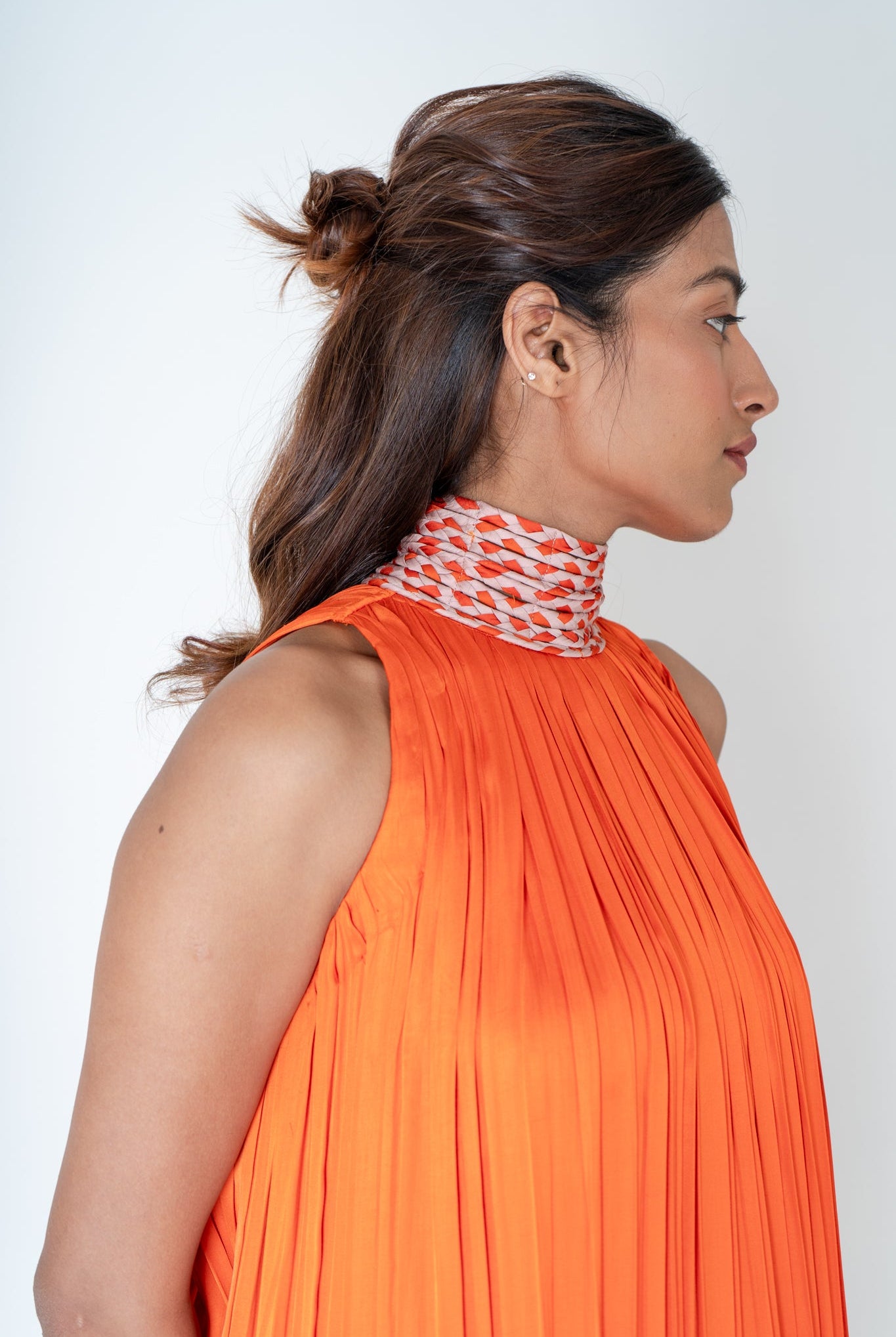 Orange - Pink Braided Halter Neck Gather Gown - CiceroniDressesNeora