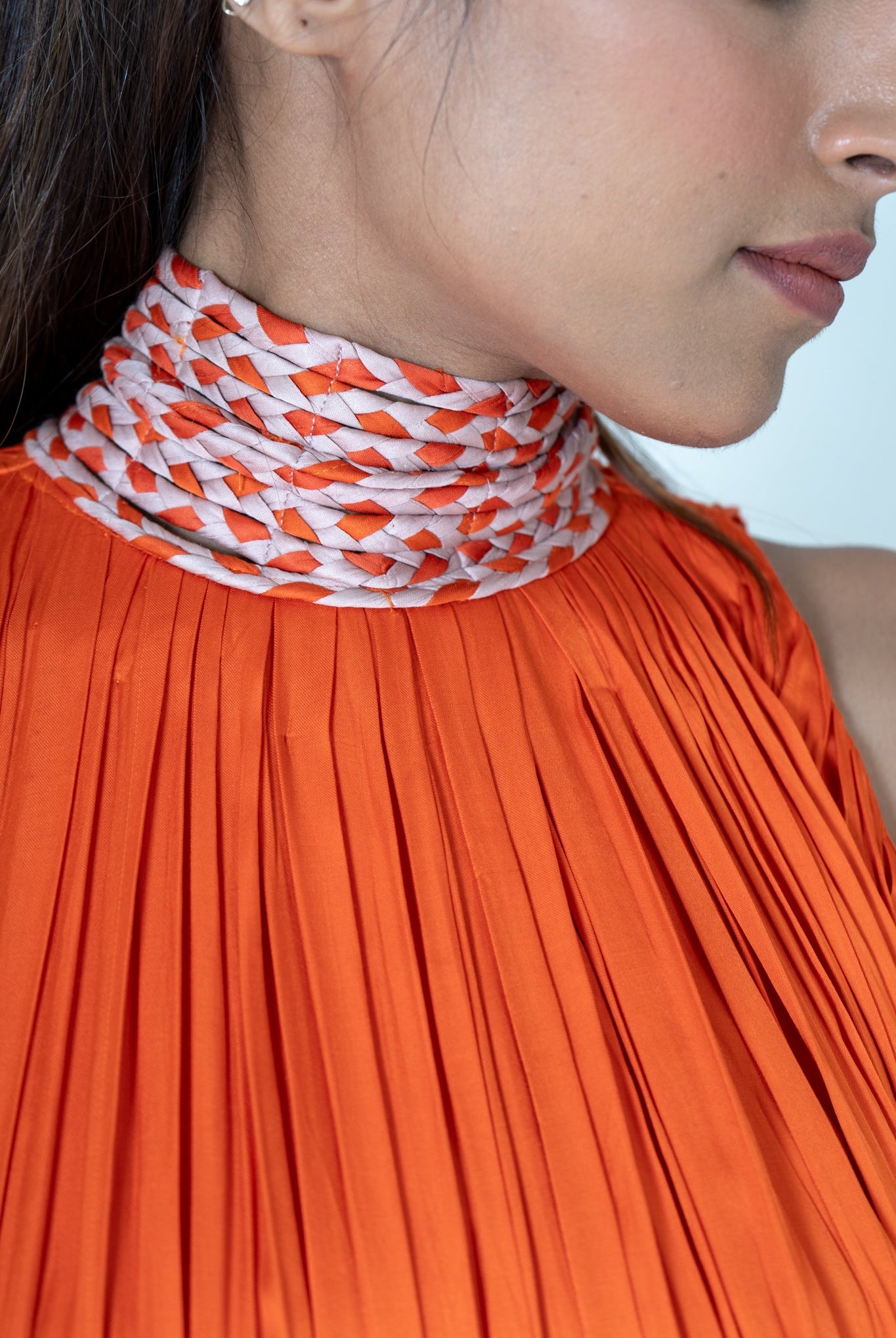 Orange - Pink Braided Halter Neck Gather Gown - CiceroniDressesNeora