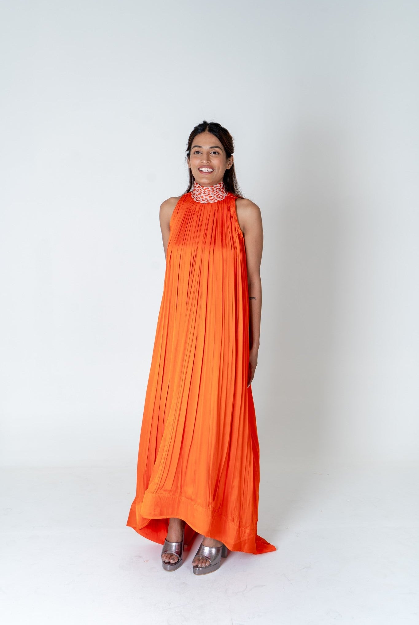 Orange - Pink Braided Halter Neck Gather Gown - CiceroniDressesNeora