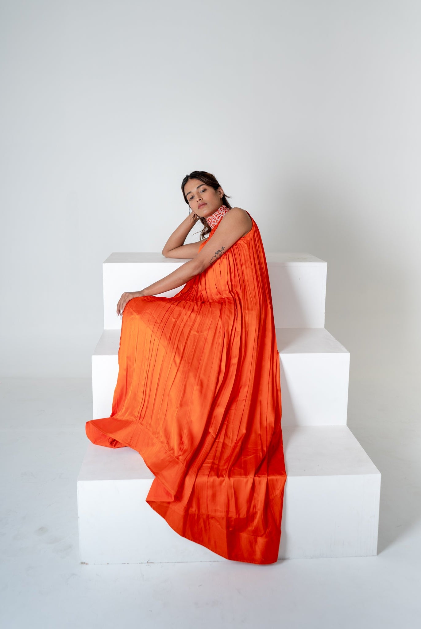 Orange - Pink Braided Halter Neck Gather Gown - CiceroniDressesNeora