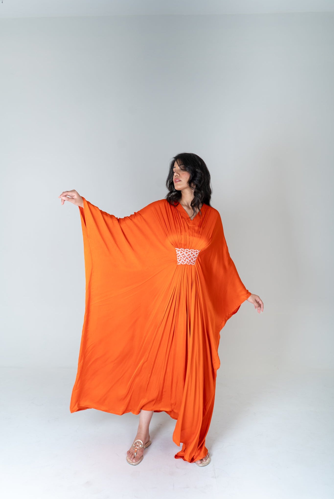 Orange - Pink Braided Long Kaftan - CiceroniKaftanNeora