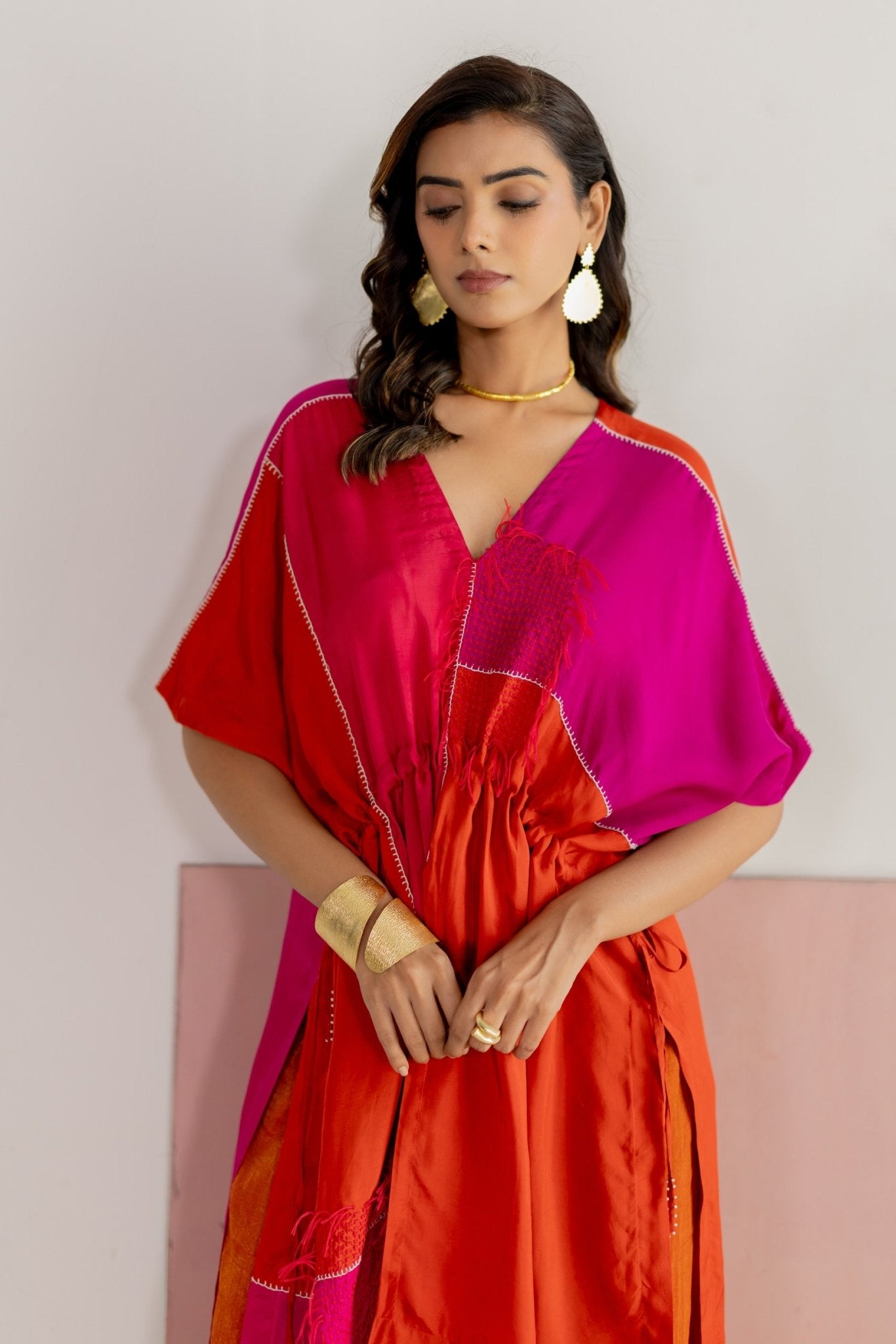 Orange, Pink Color Block Kaftan Set - CiceroniKurta Set, Festive WearTussah