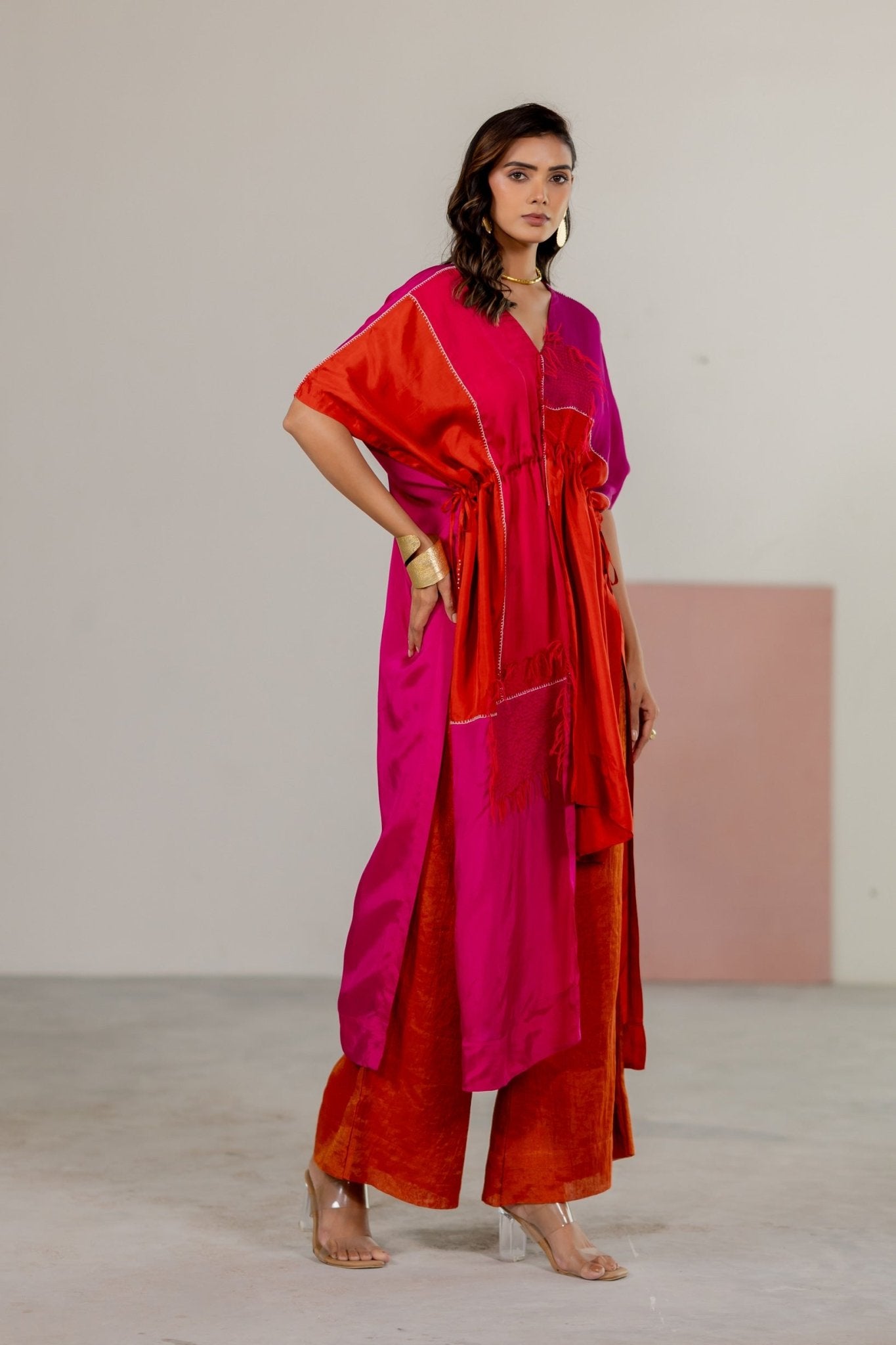 Orange, Pink Color Block Kaftan Set - CiceroniKurta Set, Festive WearTussah