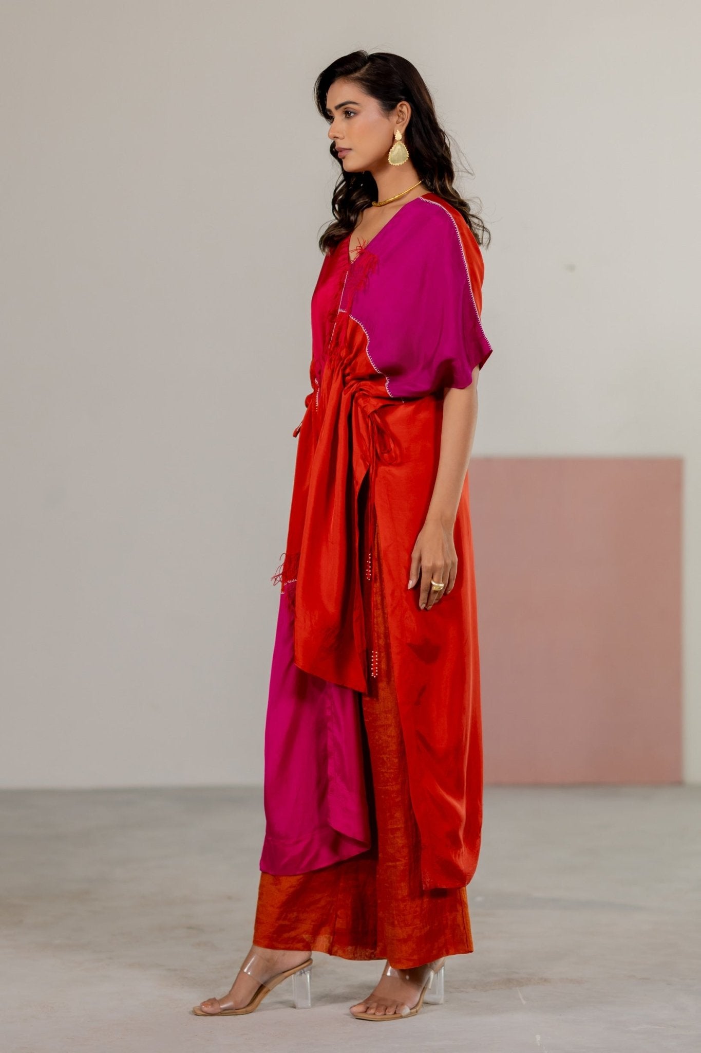 Orange, Pink Color Block Kaftan Set - CiceroniKurta Set, Festive WearTussah