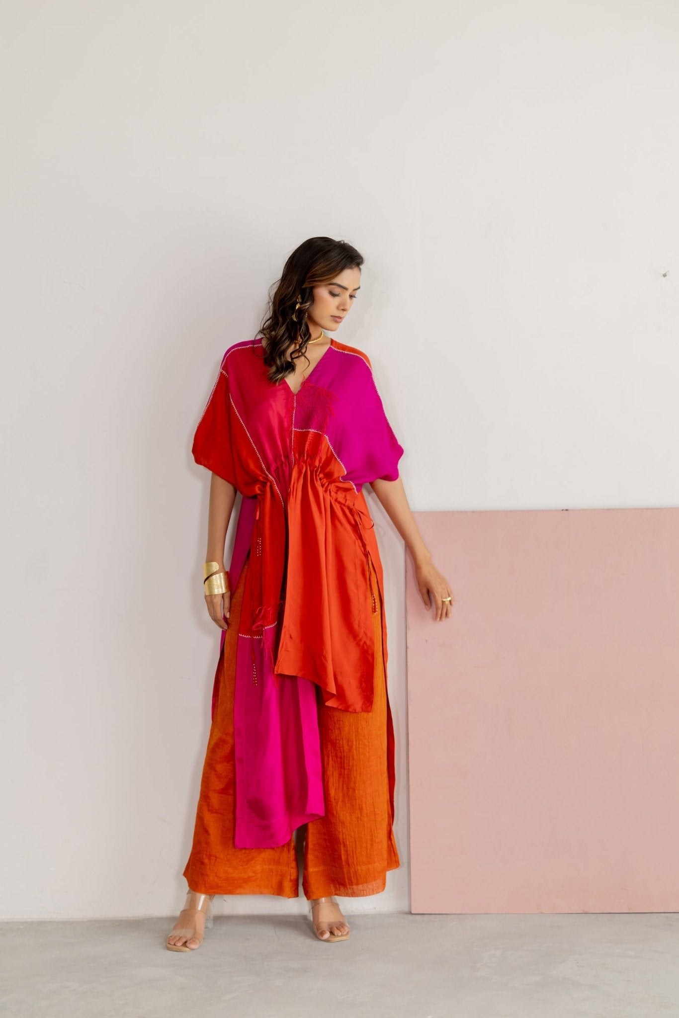 Orange, Pink Color Block Kaftan Set - CiceroniKurta Set, Festive WearTussah