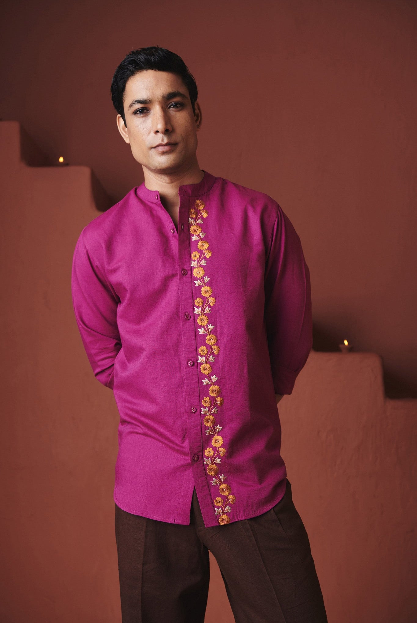 Orchid Co - Linen Men's Band Collar Shirt – Slim Fit - CiceroniMen ShirtsSaphed