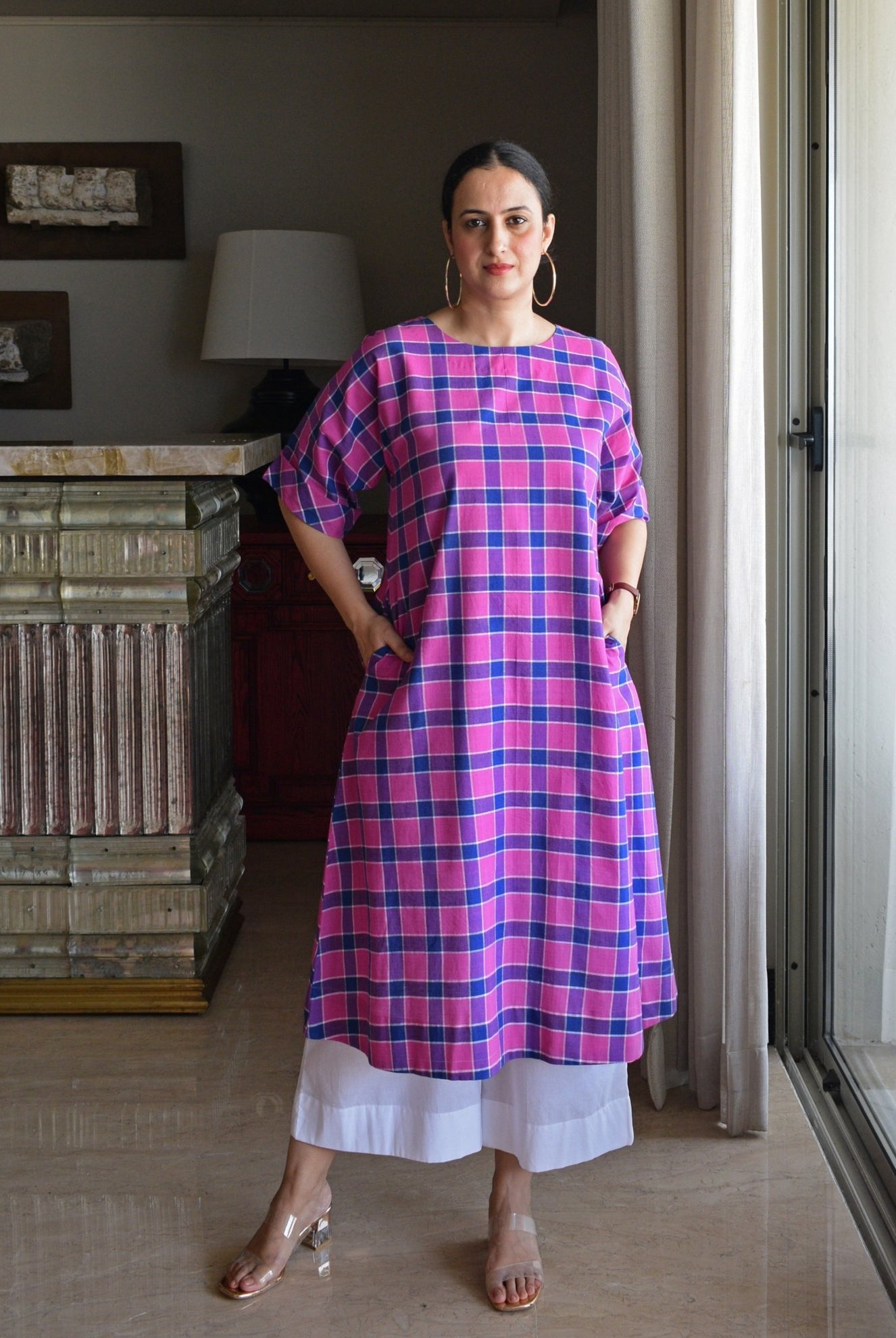 Orchid Pink A - Line Kurta in Handwoven Checks with White Pyjama - CiceroniKurta Set, Everyday WearHouse of Moxa