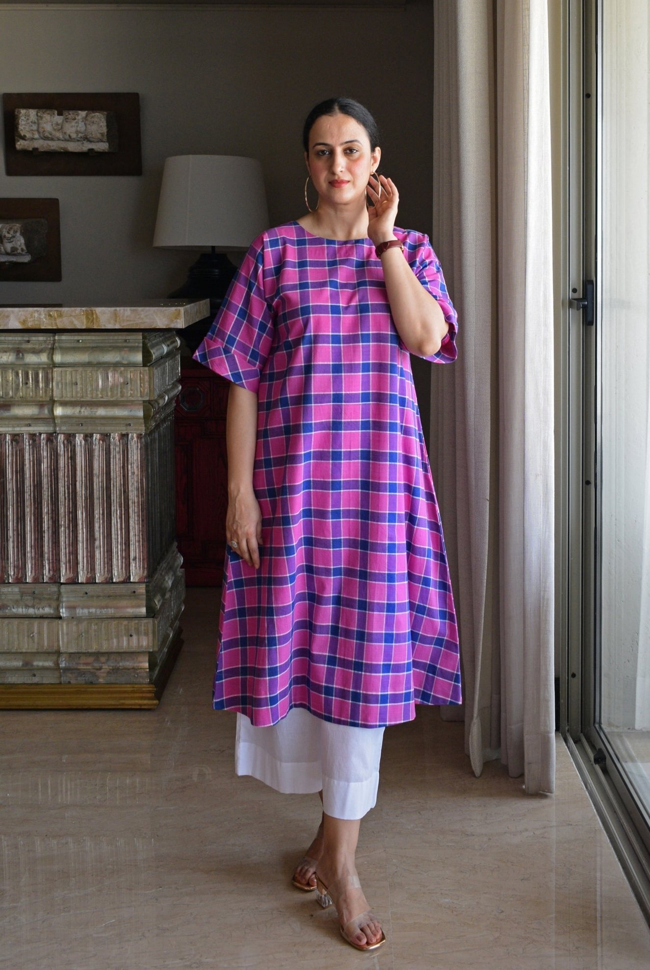 Orchid Pink A - Line Kurta in Handwoven Checks with White Pyjama - CiceroniKurta Set, Everyday WearHouse of Moxa