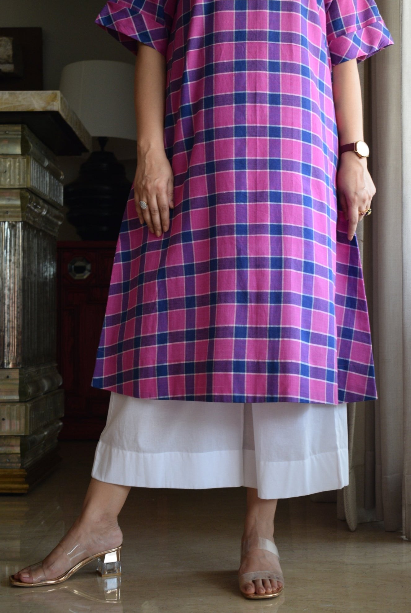 Orchid Pink A - Line Kurta in Handwoven Checks with White Pyjama - CiceroniKurta Set, Everyday WearHouse of Moxa