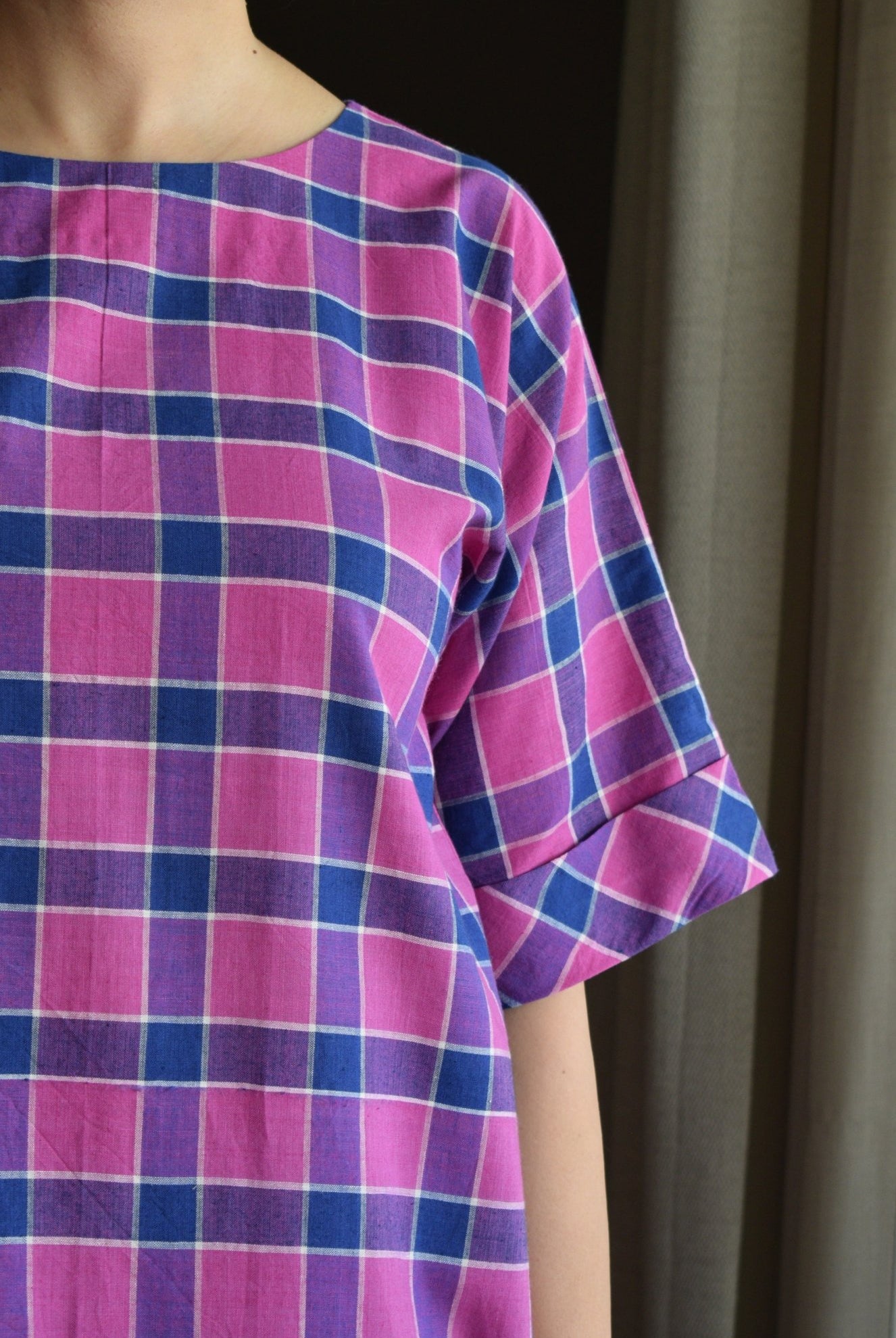 Orchid Pink A - Line Kurta in Handwoven Checks with White Pyjama - CiceroniKurta Set, Everyday WearHouse of Moxa