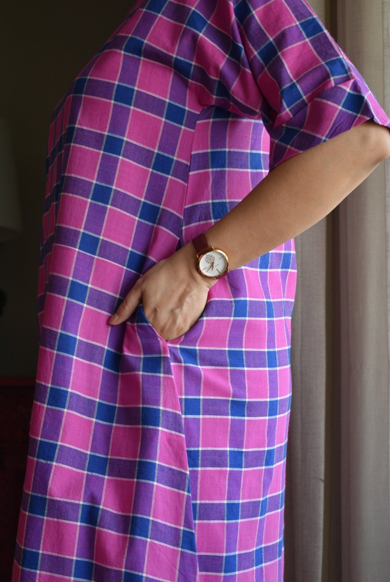 Orchid Pink A - Line Kurta in Handwoven Checks with White Pyjama - CiceroniKurta Set, Everyday WearHouse of Moxa