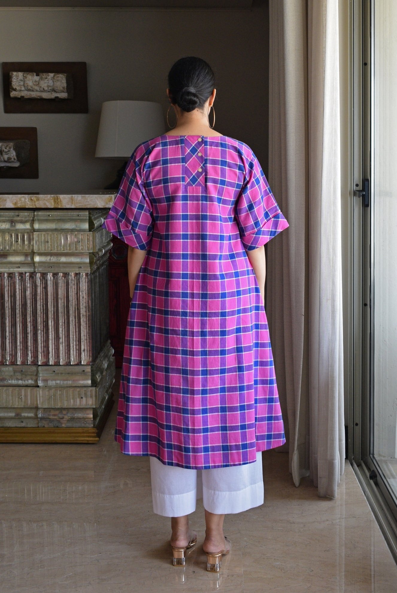 Orchid Pink A - Line Kurta in Handwoven Checks with White Pyjama - CiceroniKurta Set, Everyday WearHouse of Moxa