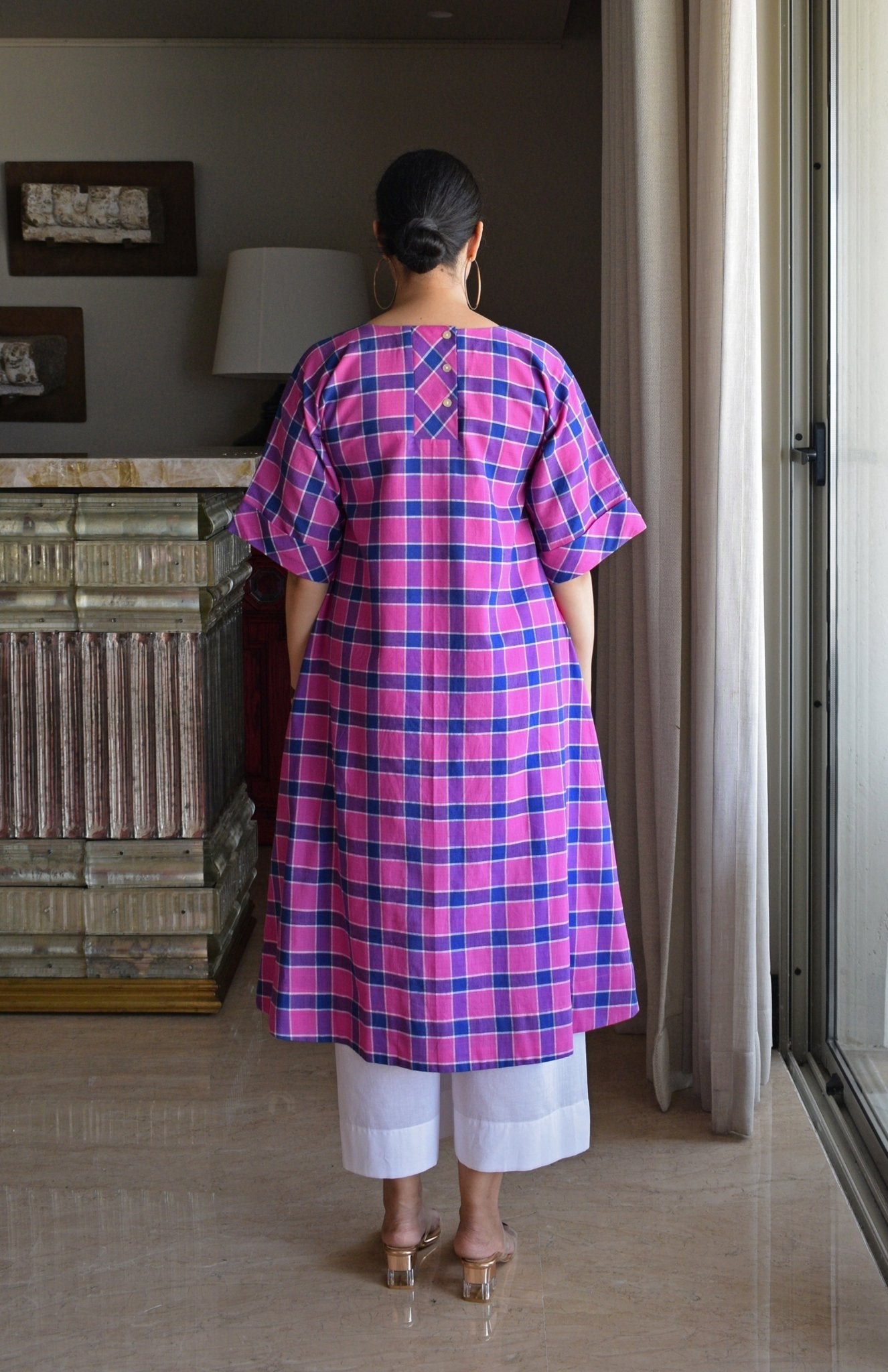 Orchid Pink A - Line Kurta in Handwoven Checks with White Pyjama - CiceroniKurta Set, Everyday WearHouse of Moxa