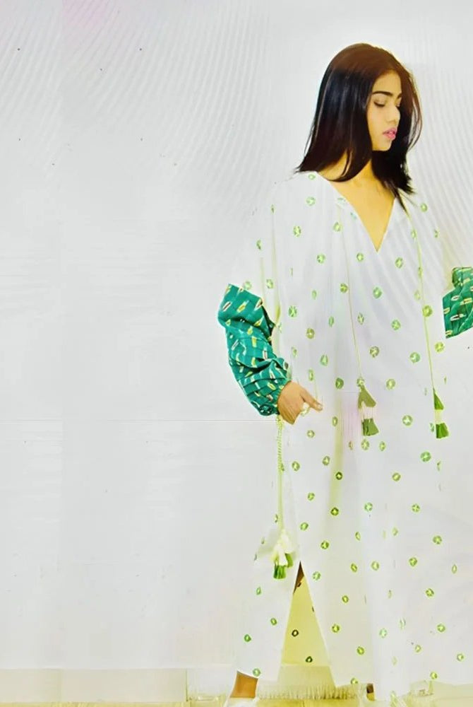 Organic Tie and Dye White & Green Kaftan - CiceroniKaftanSonica Sarna