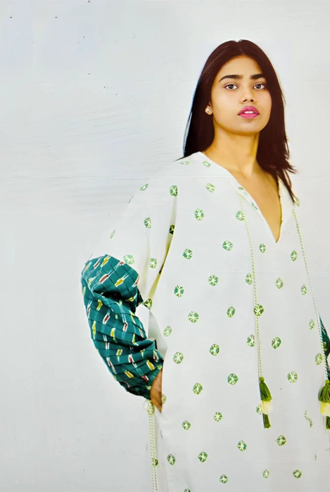 Organic Tie and Dye White & Green Kaftan - CiceroniKaftanSonica Sarna