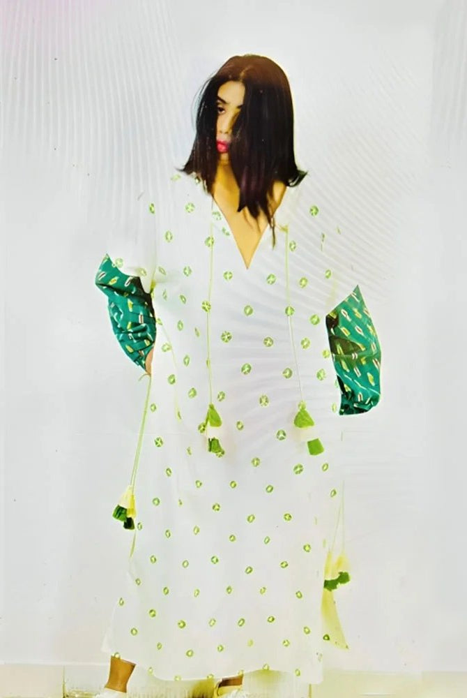 Organic Tie and Dye White & Green Kaftan - CiceroniKaftanSonica Sarna