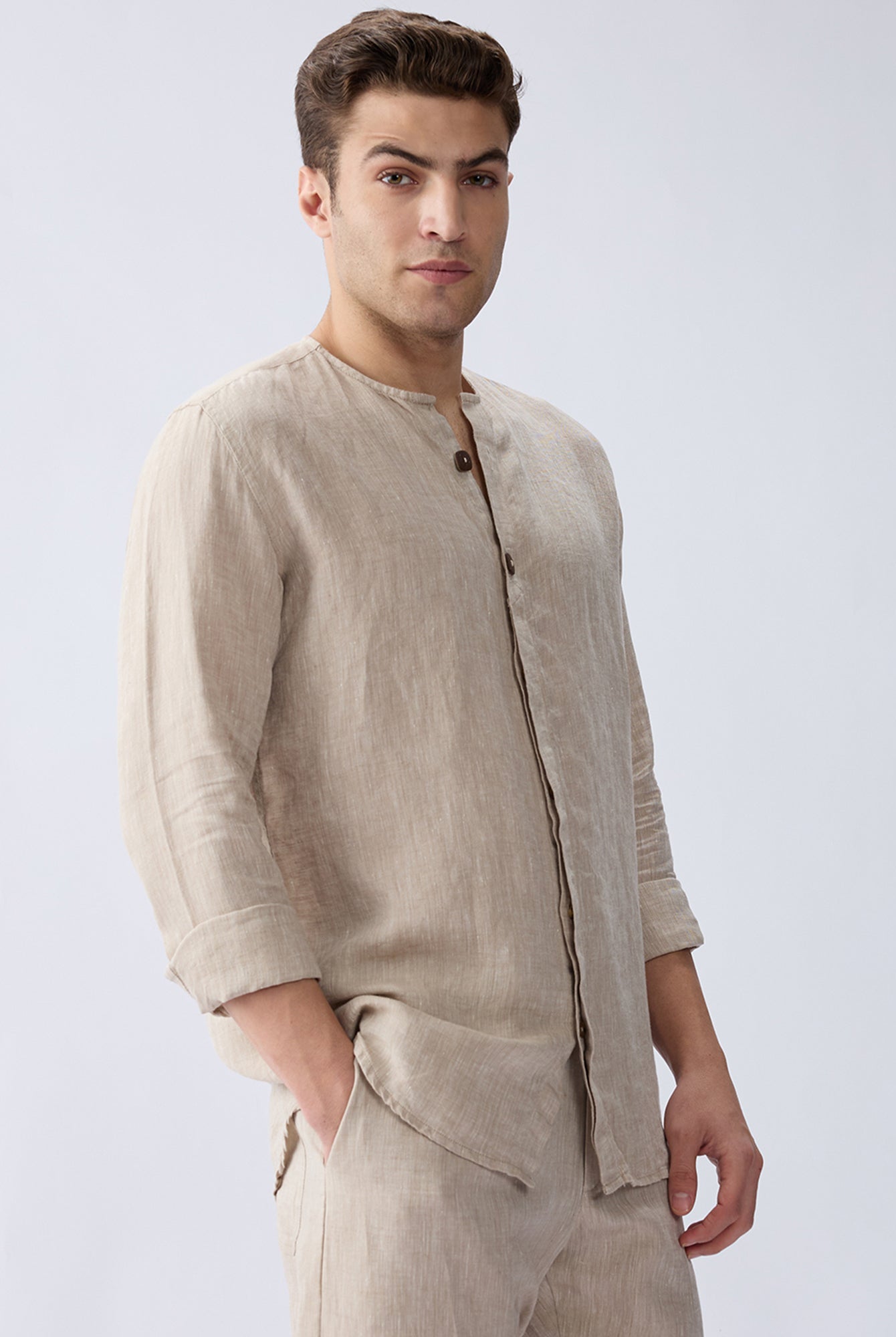 Origin Beige Placket Shirt 100% Pure Linen - CiceroniMen Shirtsbhrāta