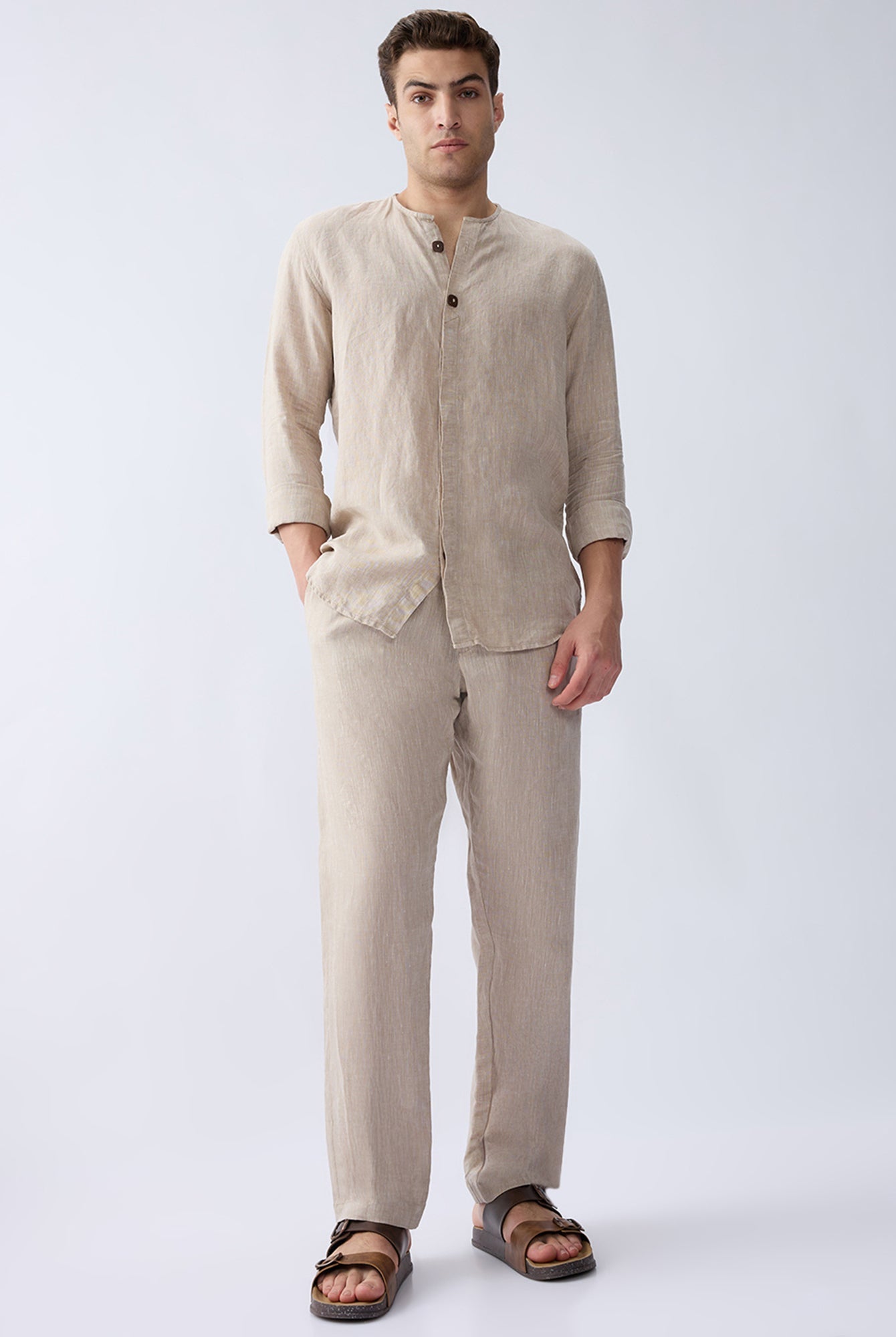Origin Beige Placket Shirt 100% Pure Linen - CiceroniMen Shirtsbhrāta