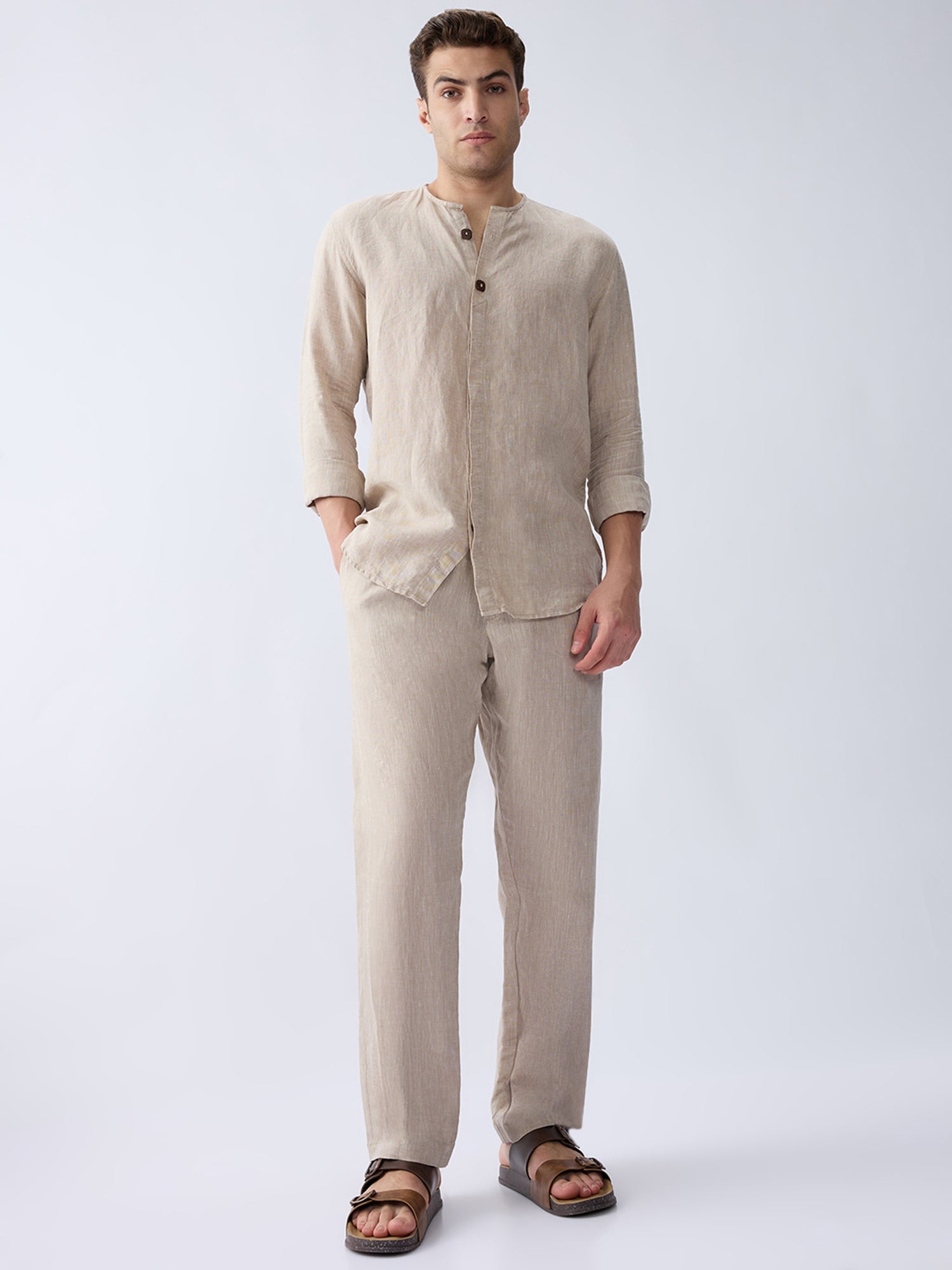 Origin Beige Placket Shirt 100% Pure Linen - CiceroniMen Shirtsbhrāta