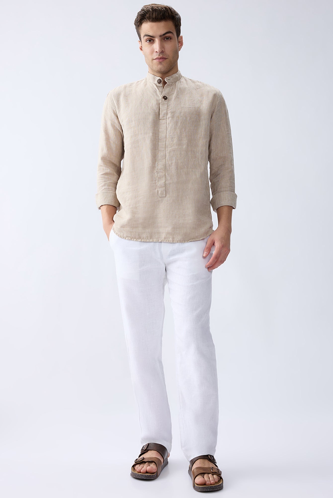 Origin Beige Short Kurta 100% Pure Linen - CiceroniKurta, Everyday Wearbhrāta